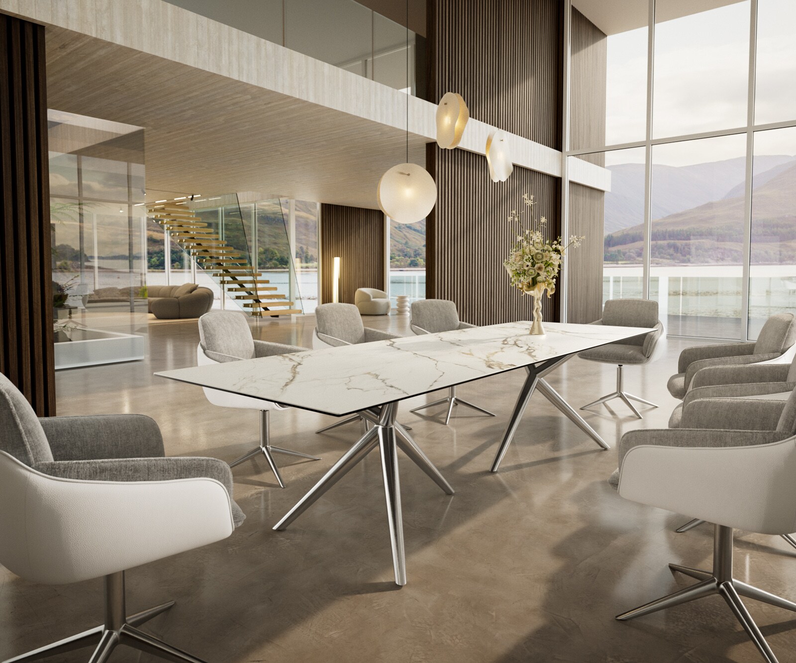 Table à manger Edge 300x100 Céramique Calacatta Luxe Blanc-Doré-Gris Estelar rond Acier inoxydable 5