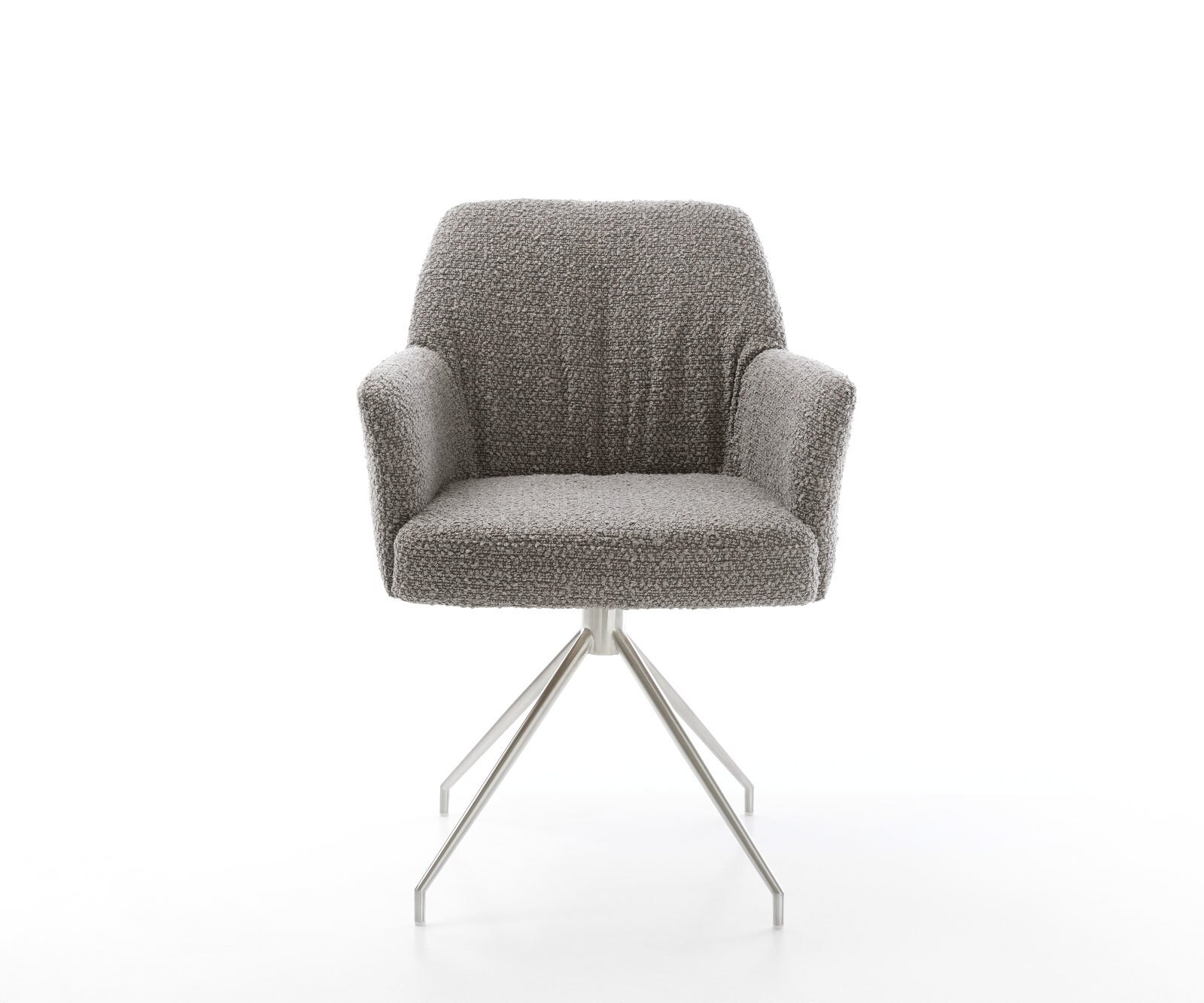 Chaise-pivotante Xana-Flex avec accoudoirs bouclé gris argenté pied croisé conique acier inoxydable brossé pivotement sur 180° ressorts ensachés 1