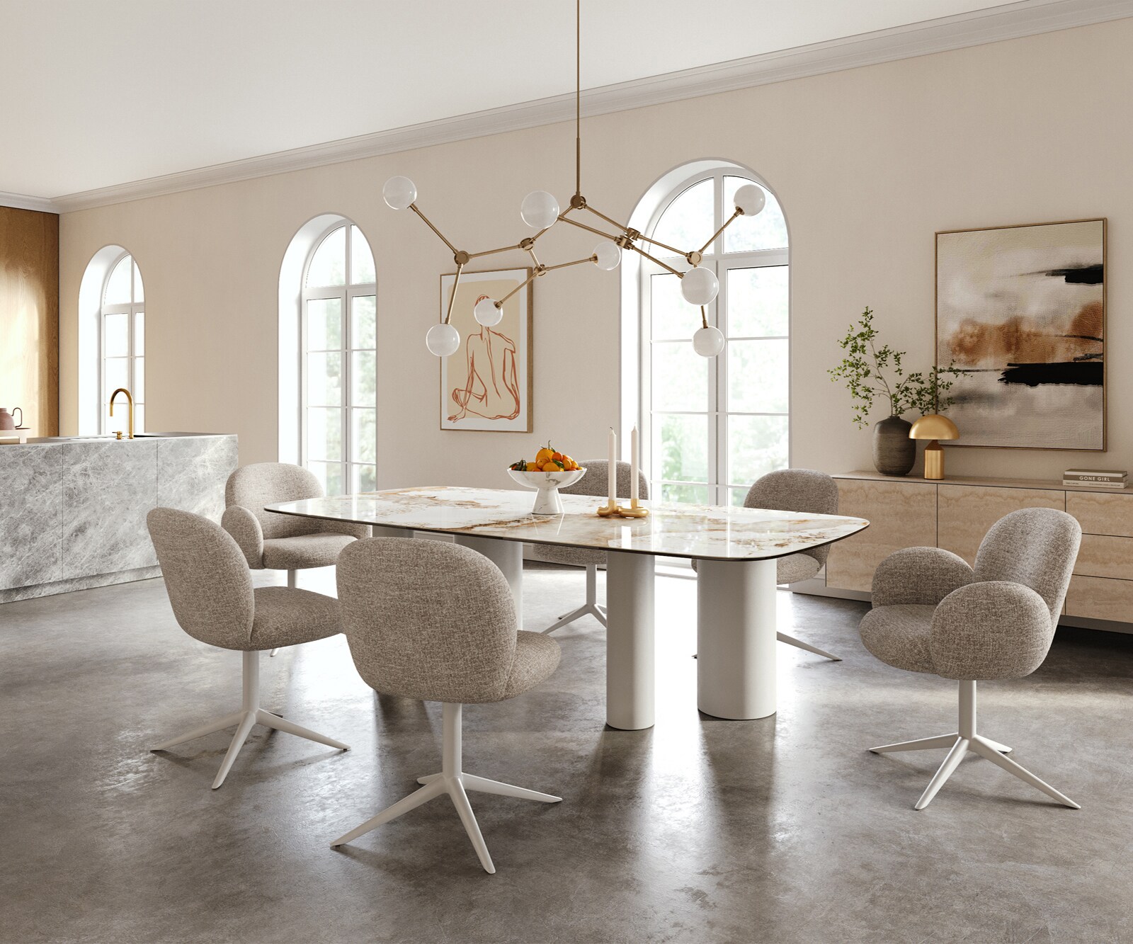 Table à manger Edge Boot 240x120 cm Céramique Minas Melange Blanc-Beige Pilier Métal Blanc 6