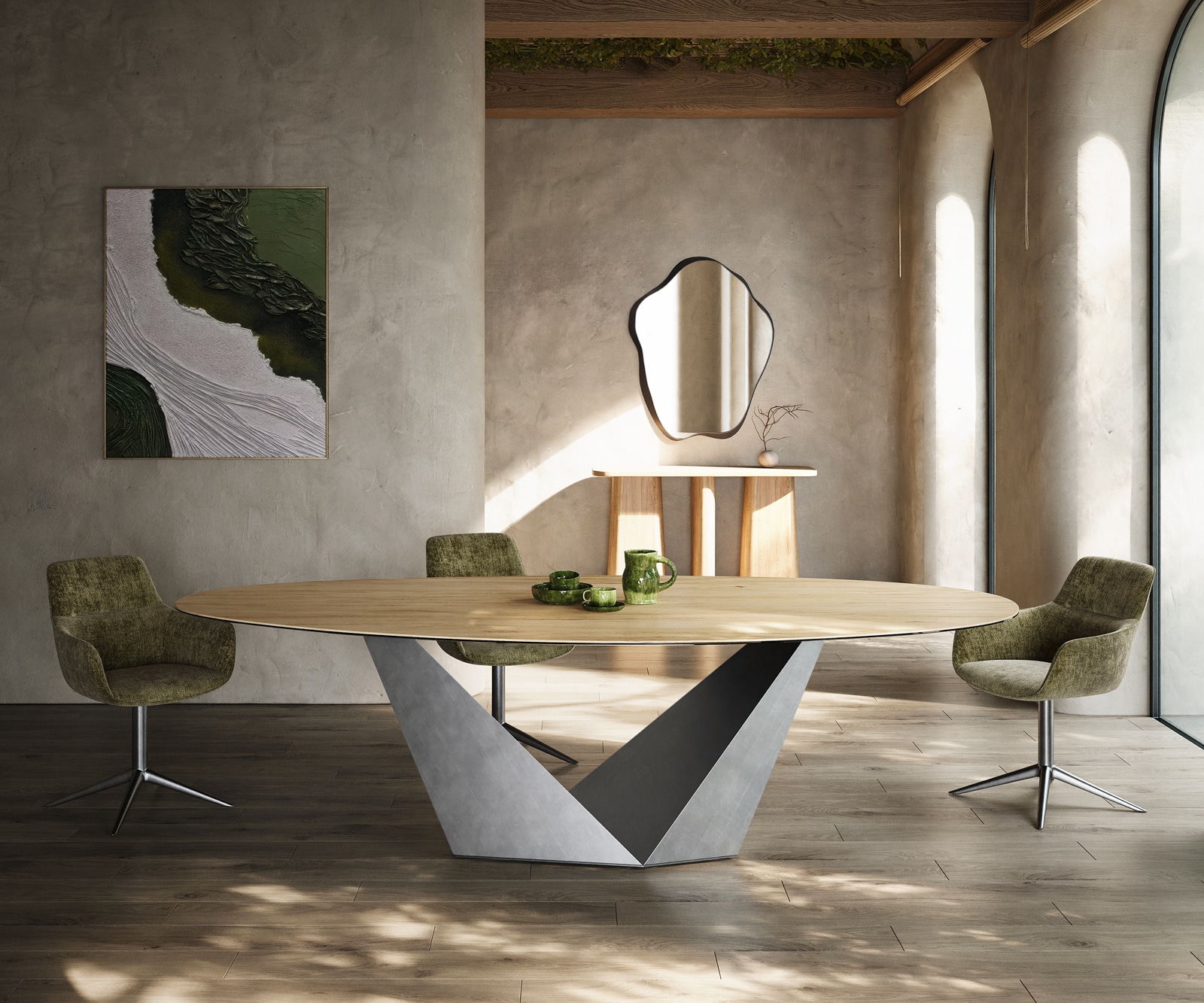 Table à manger Edge ovalee 280x130 céramique Laminam® Sabbia chêne coloré Prisma métallique argent 1