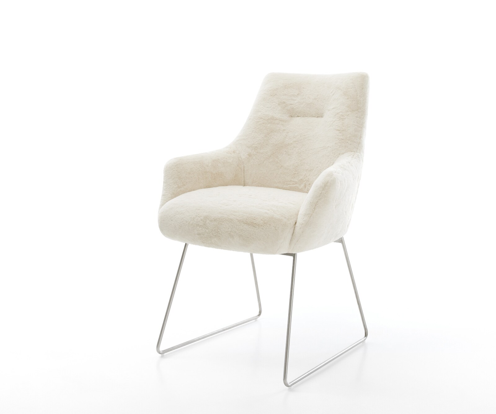 Chaise-de-salle-à-manger Alja-Flex avec accoudoirs peluche crème-blanc pied trapèze acier inoxydable resorts ensachés 1