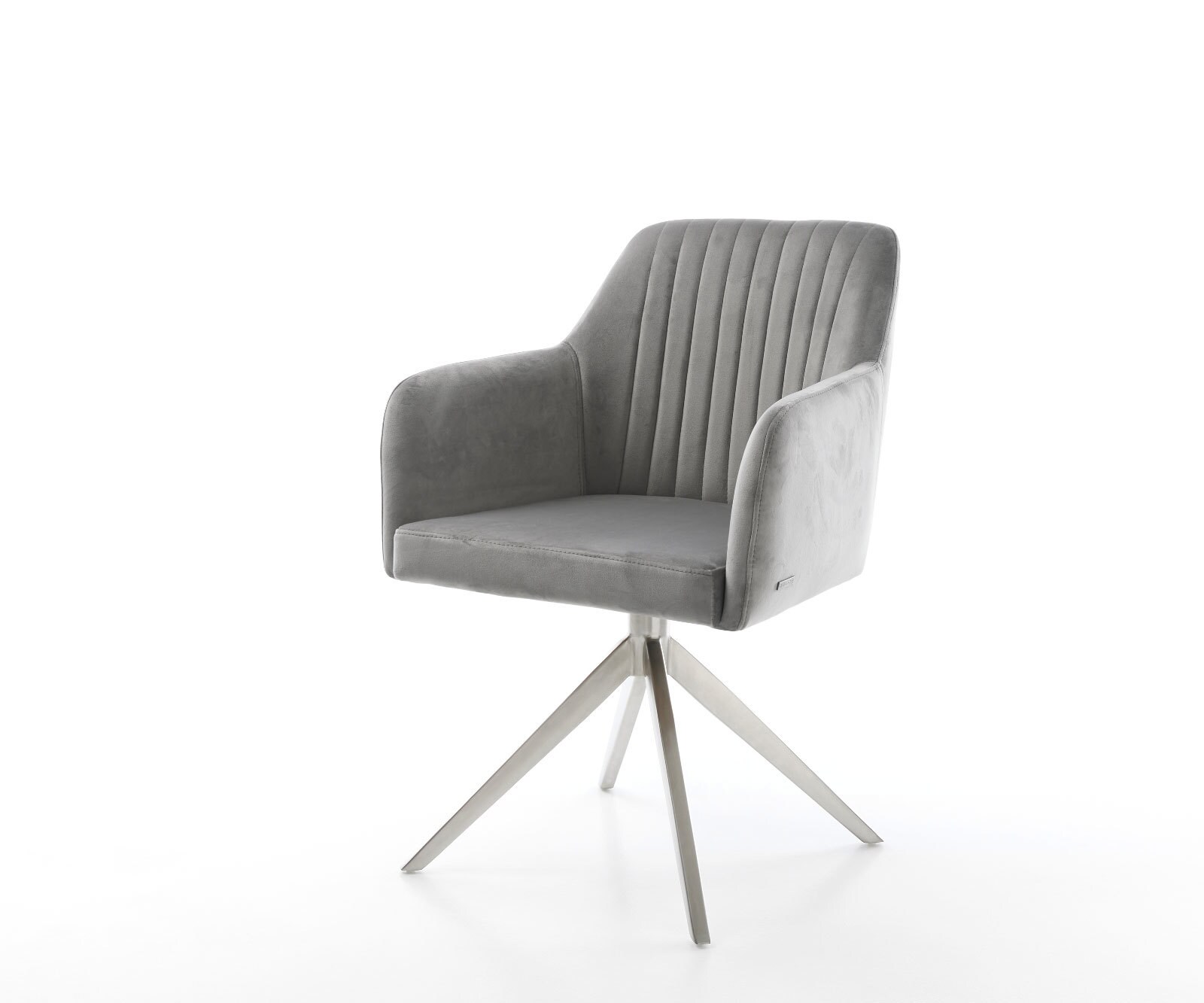 Chaise-pivotante Greg-Flex velours gris pied croisé large acier inoxydable brossé pivotement sur 360° fonction bascule ressorts ensachés