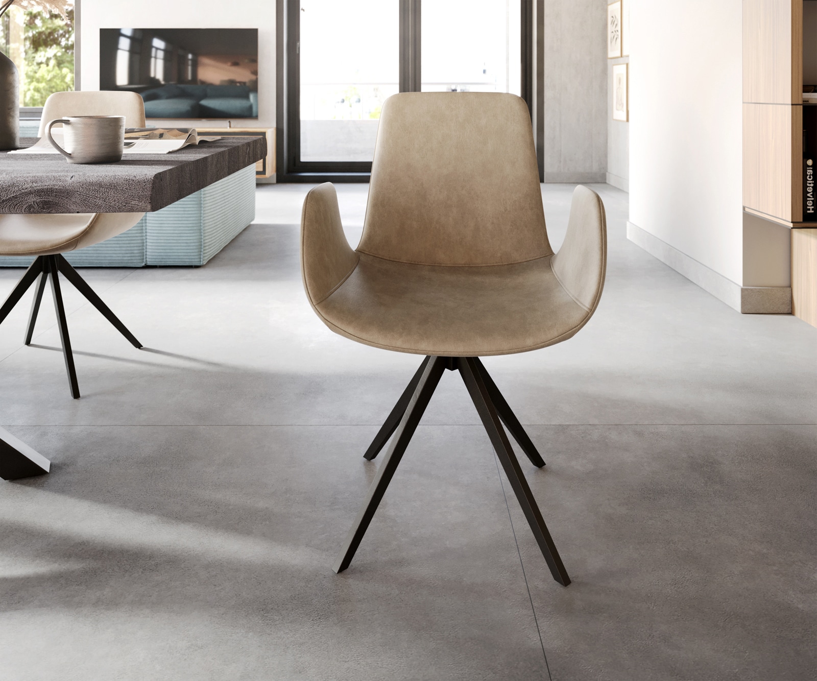 Chaise-de-salle-à-manger Ilia-Flex avec accoudoirs microvelours beige vintage pied croisé angulaire noir 1 Chaise-de-salle-à-manger Ilia-Flex avec accoudoirs microvelours beige vintage pied croisé angulaire noir 1