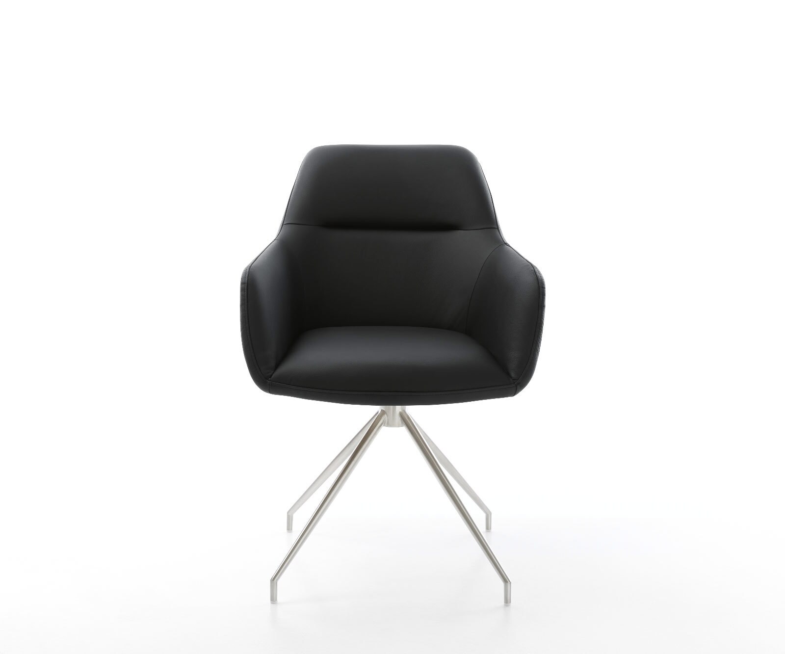 Chaise-de-salle-à-manger Pejo-Flex cuir de vache noir pied croisé conique acier inoxydable brossé ressorts ensachés 1