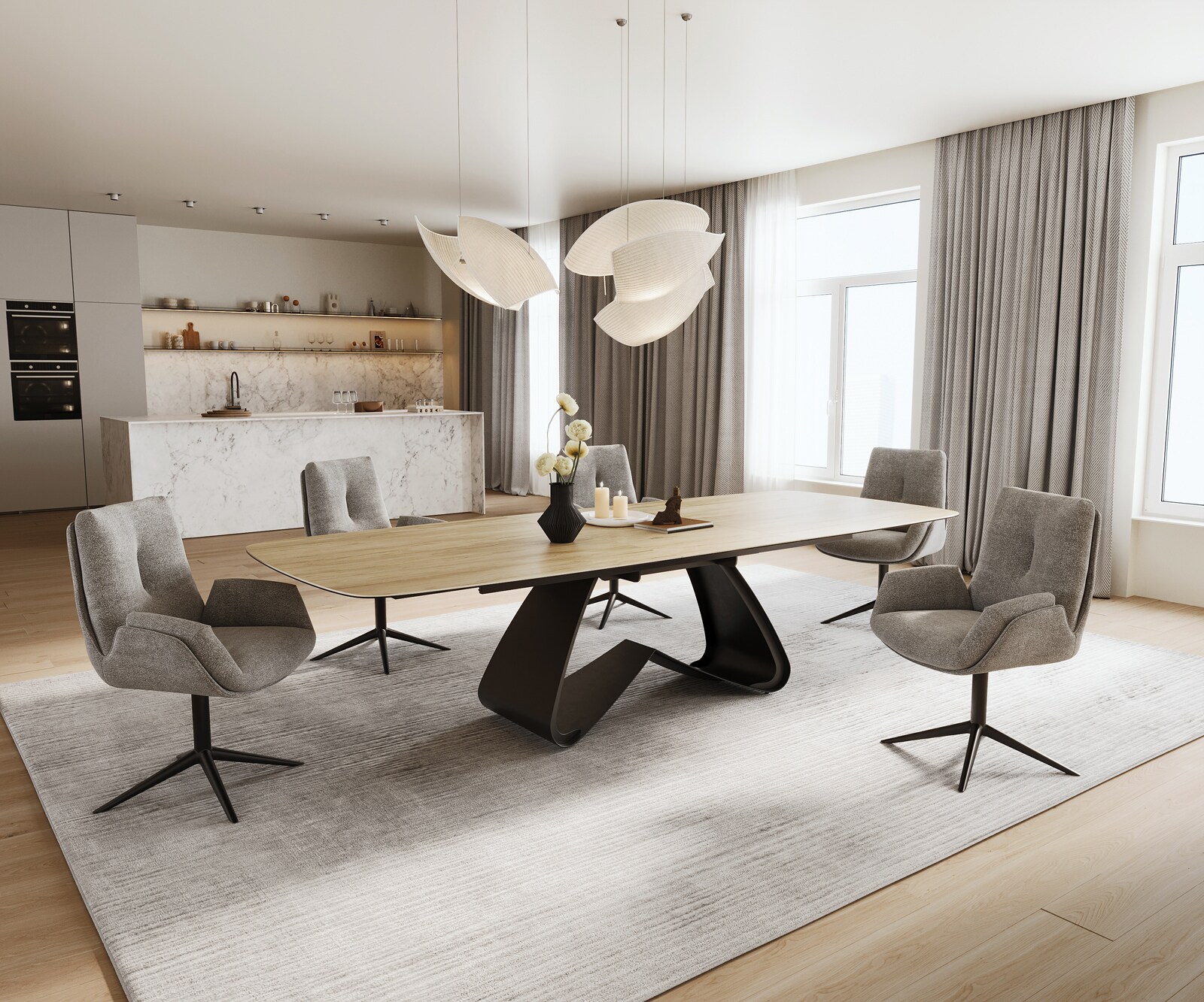 Table à manger Edge Boot 240-300x120 cm Céramique Laminam® Sabbia Eichefarbig piètement en W Noir extensible 7
