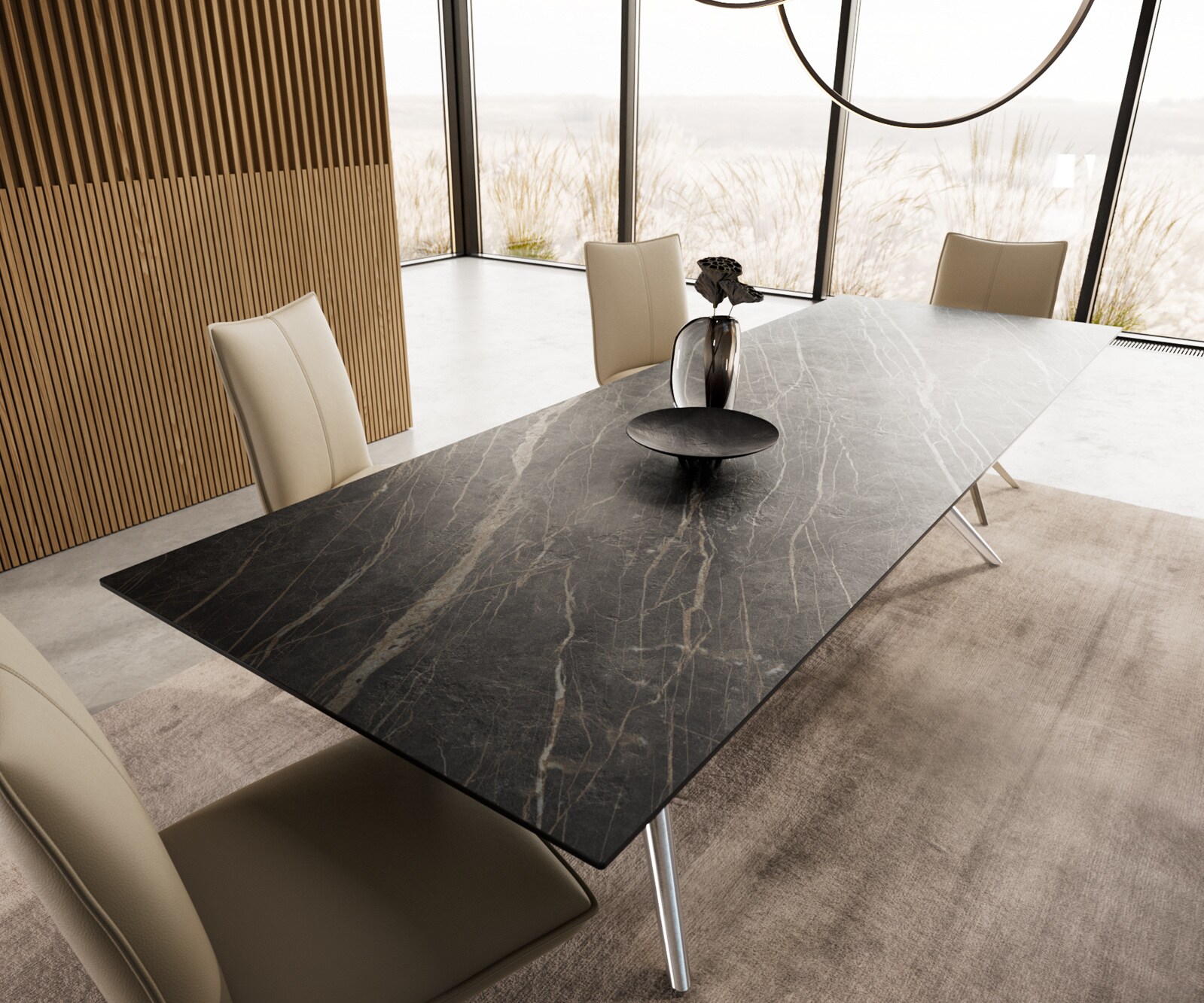 Table à manger Edge 300x100 Céramique Laminam®Noir Desir Marron Estelar rond Acier inoxydable 3