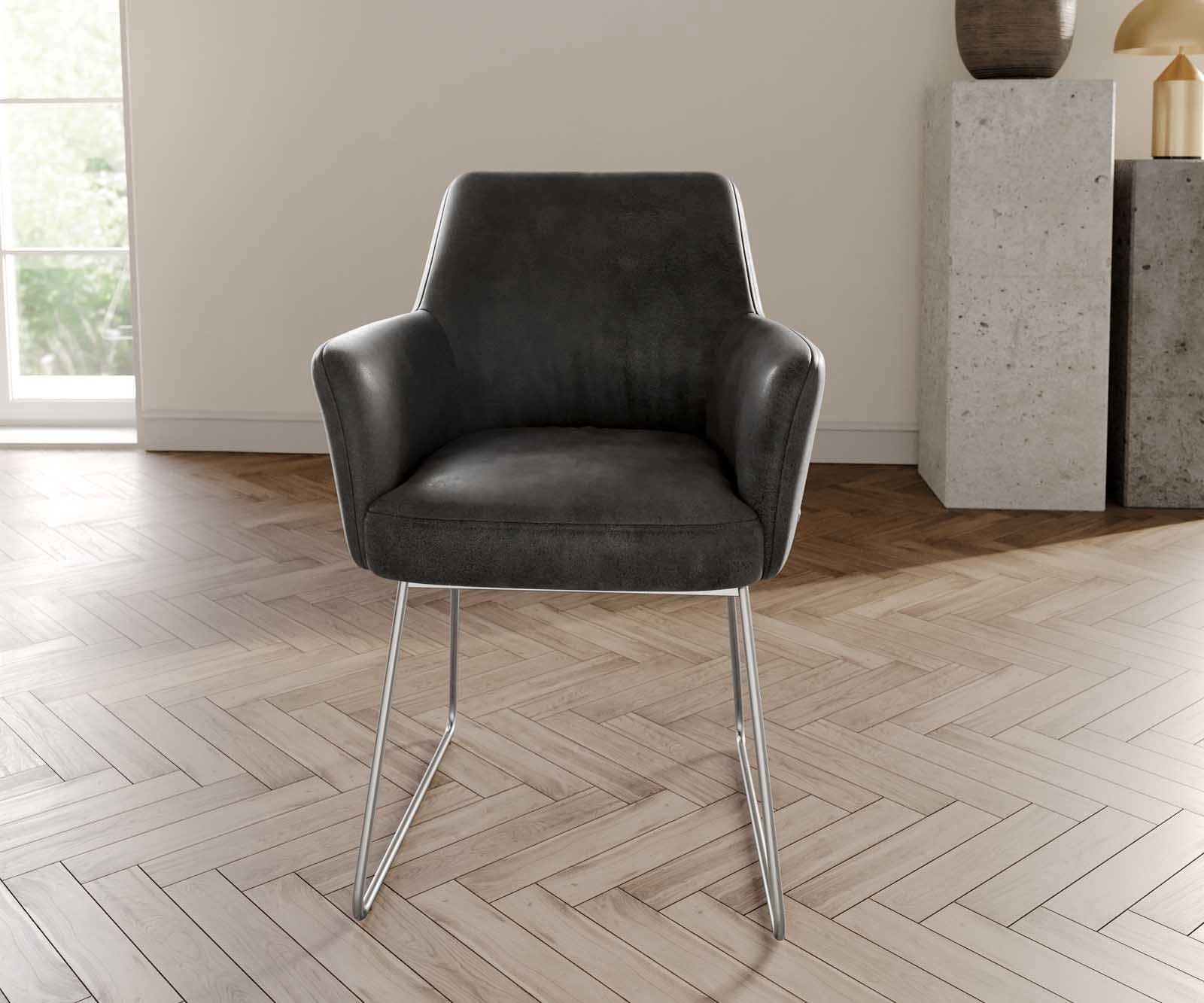 Chaise-de-salle-à-manger Xana-Flex avec accoudoirs microvelours anthracite vintage pied trapèze acier inoxydable brossé ressorts ensachés 1 Chaise-de-salle-à-manger Xana-Flex avec accoudoirs microvelours anthracite vintage pied trapèze acier inoxydable brossé ressorts ensachés 1