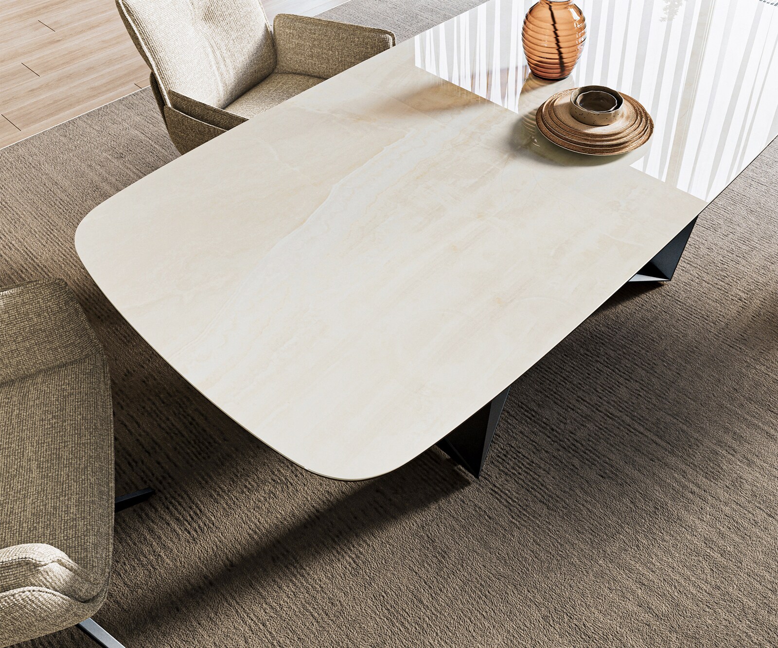 Table à manger Edge bateau 200x100 cm céramique Onyx Champagne Spider acier plat noir 4