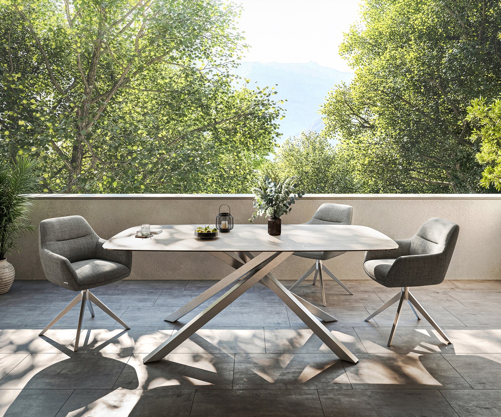 Table d’extérieur Edge Boot 200x100 cm céramique Laminam® Travertino Bianco blanc crème piètement croisé rectangulaire en acier inoxydable 1