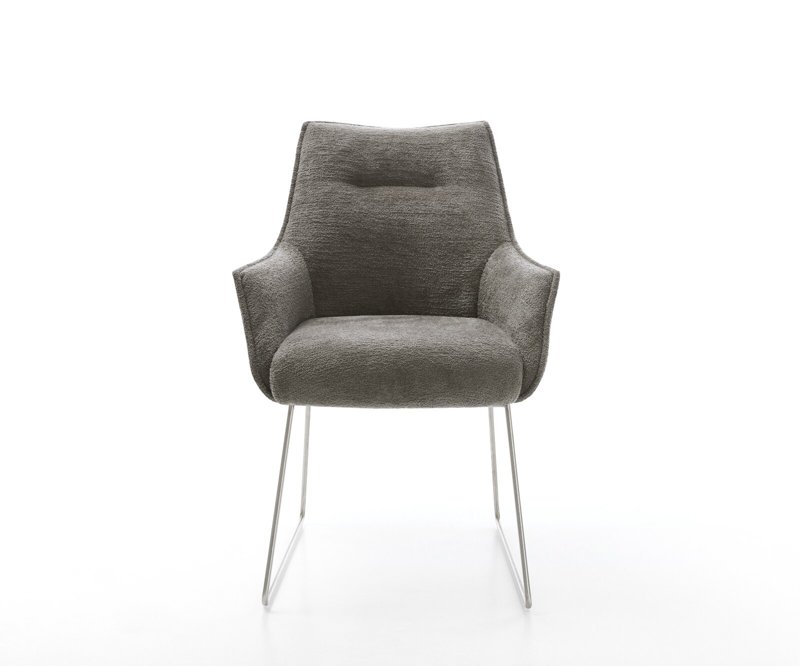 Chaise-de-salle-à-manger Alja-Flex avec accoudoirs bouclé doux couleur boue pied trapèze acier inoxydable resorts ensachés 2