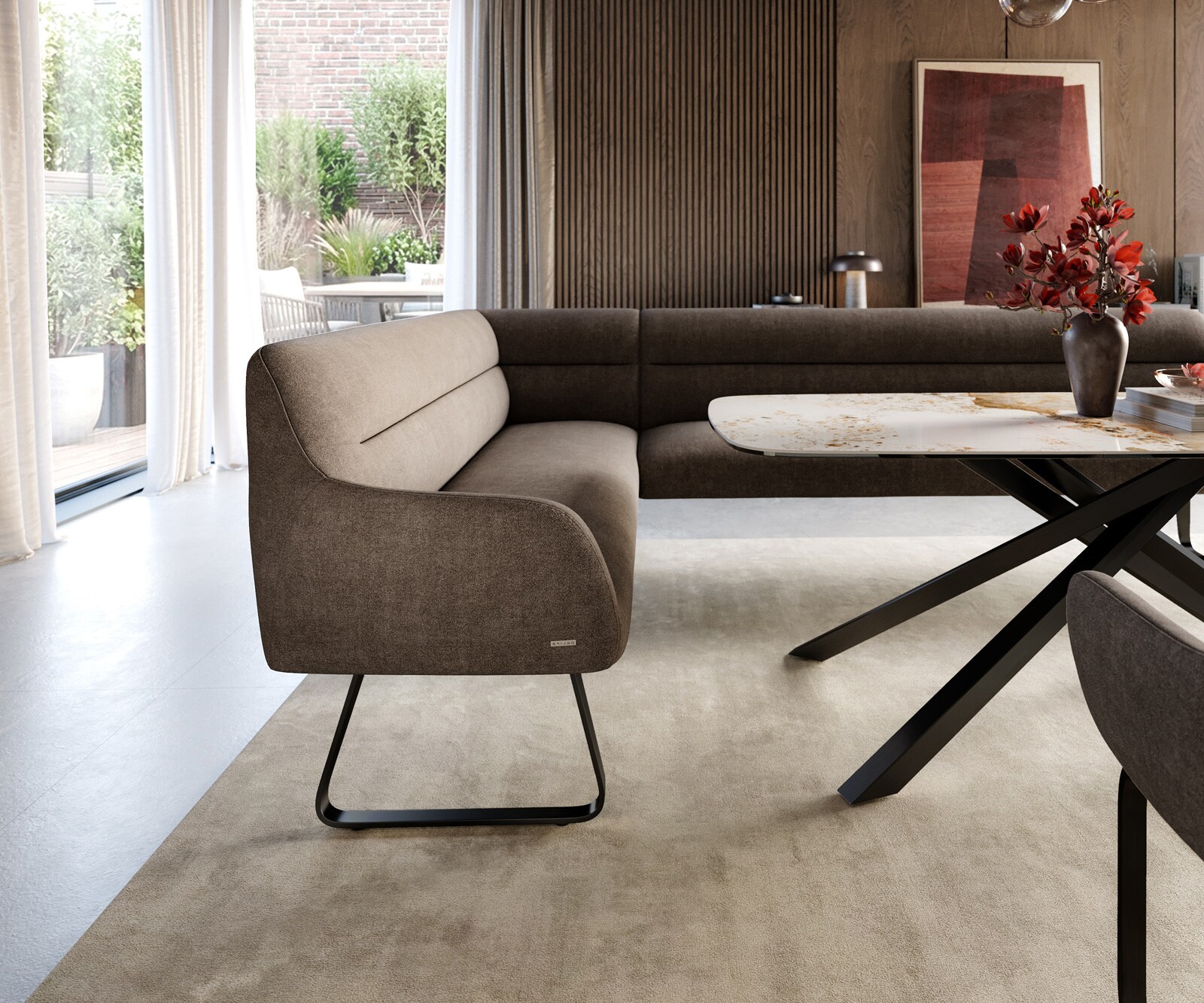 Banc-de-salle-à-manger Taya-Flex 285x190 cm tissu structuré doux taupe châssis à patins plat noir ressort ensaché à droite 5