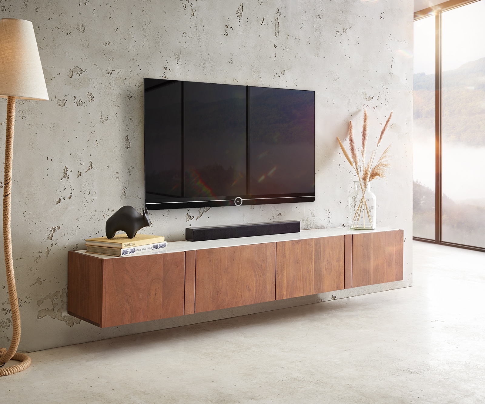 Meuble-TV Secara 200 cm acacia marron 4 portes marbre flottant 1 Meuble-TV Secara 200 cm acacia marron 4 portes marbre flottant 1