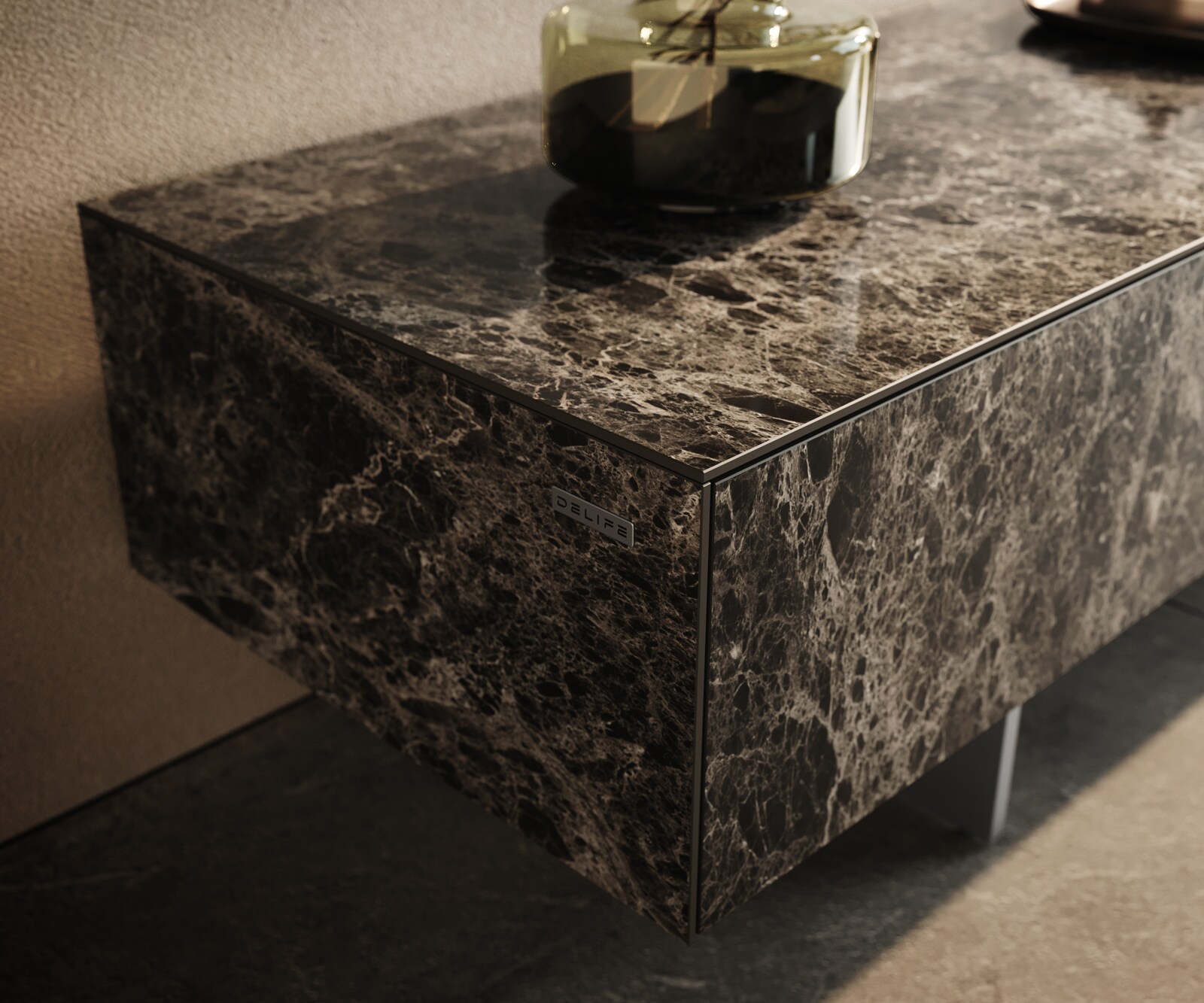 Meuble-TV Cuor 250 cm Céramique Emperador Extra Lucidato brun foncé 1 Clapet 1 Tiroir Pied optique flottant Ancier inoxydable 5