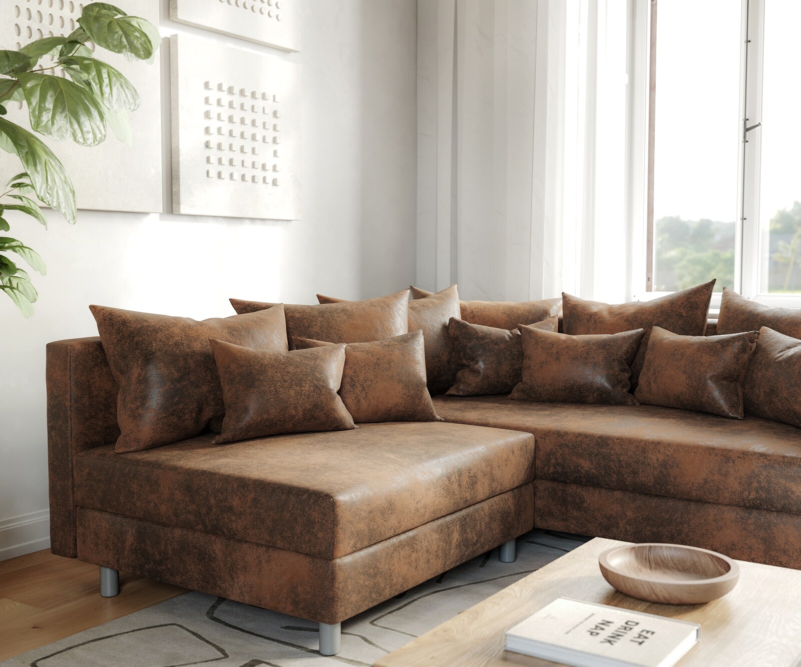 Canapé-d'angle Clovis marron aspect antique ottoman droite canapé modulaire 4 Canapé-d'angle Clovis marron aspect antique ottoman droite canapé modulaire 4