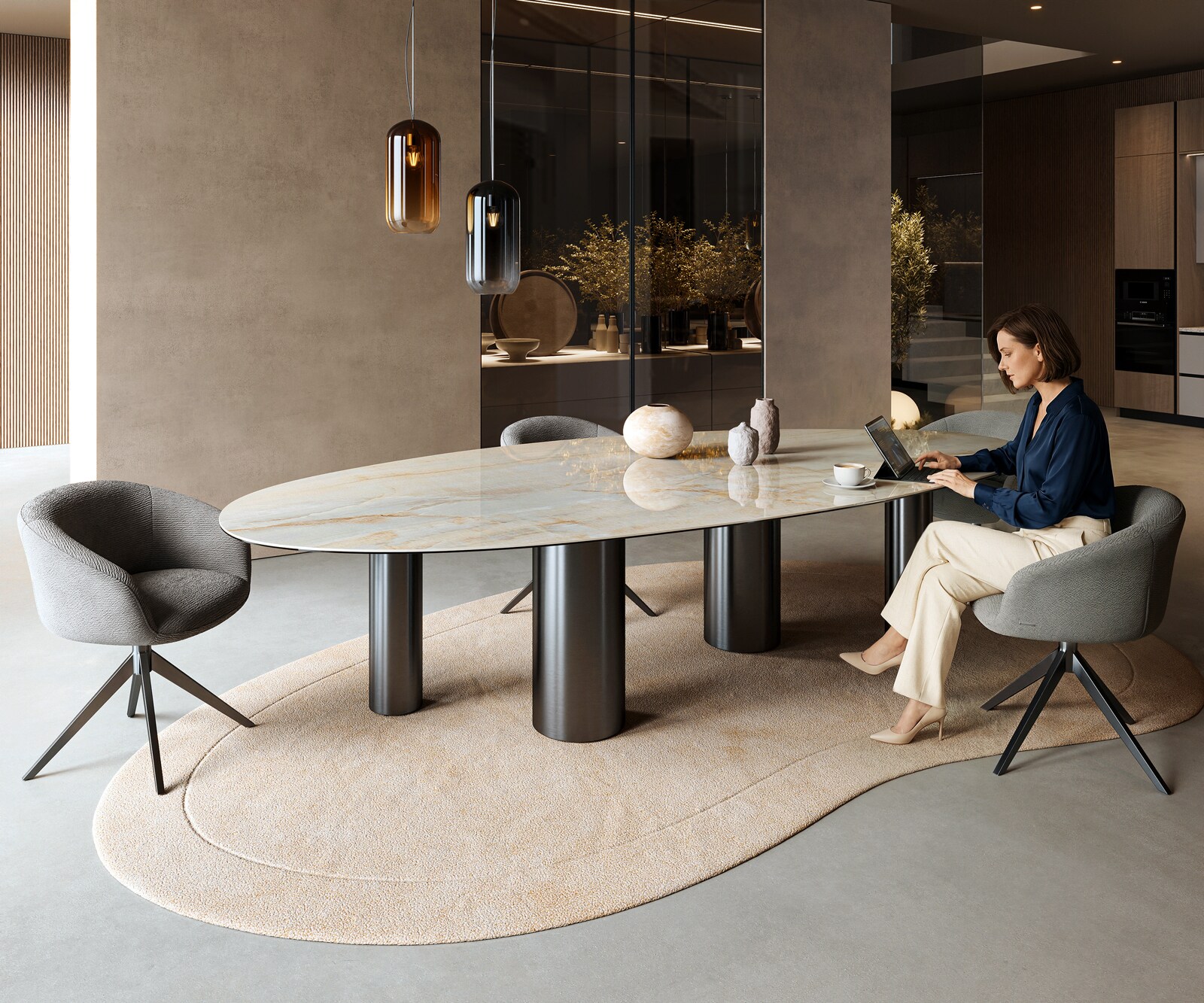 Table à manger Edge Oval 315x150 cm Céramique Iris FMG Onice Oro Pilier Métal Noir 7