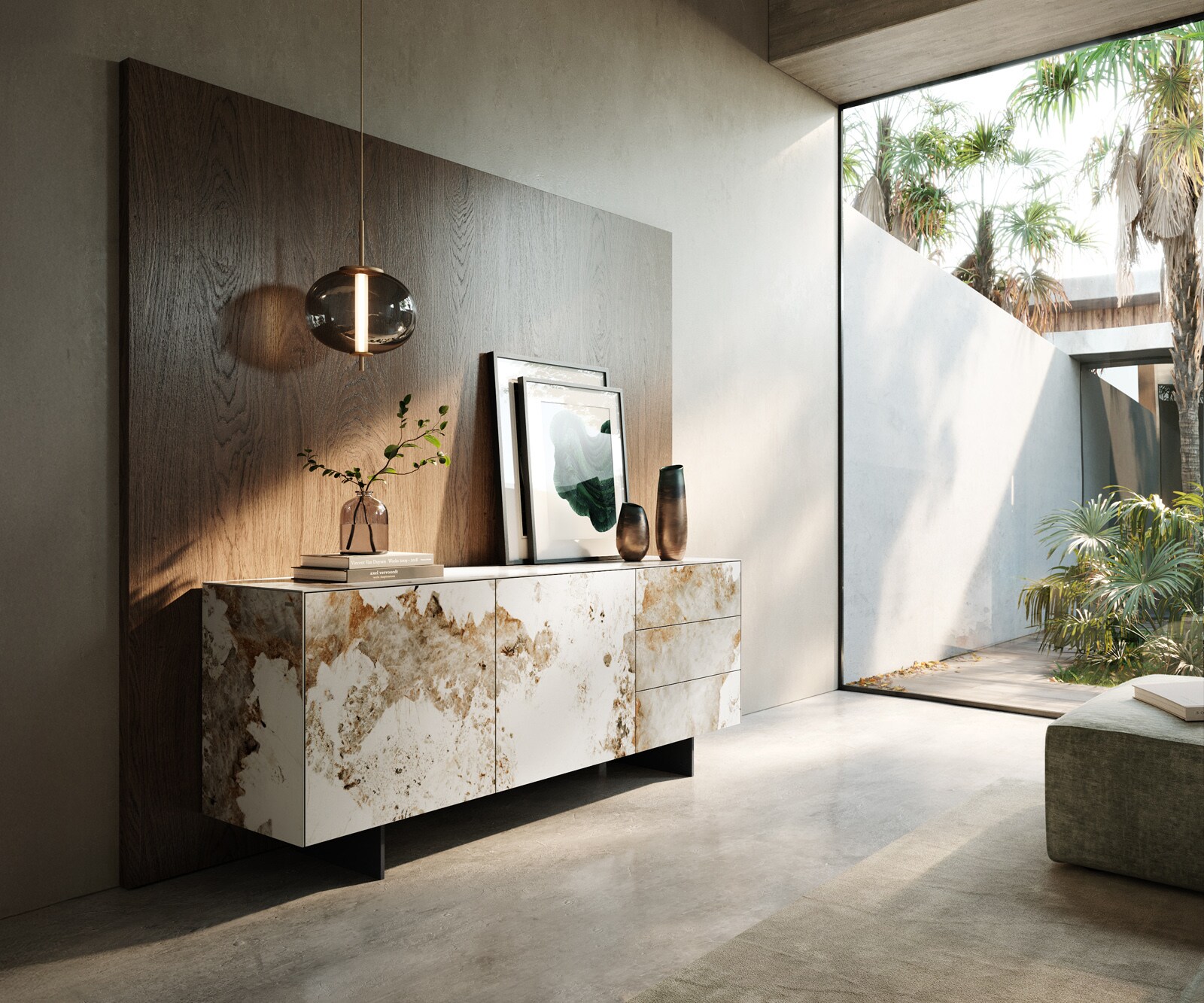 Buffet Cuor 180 cm Céramique Minas Melange Blanc-beige 2 Portes 3 Tiroirs Pied optique flottant Métal Noir