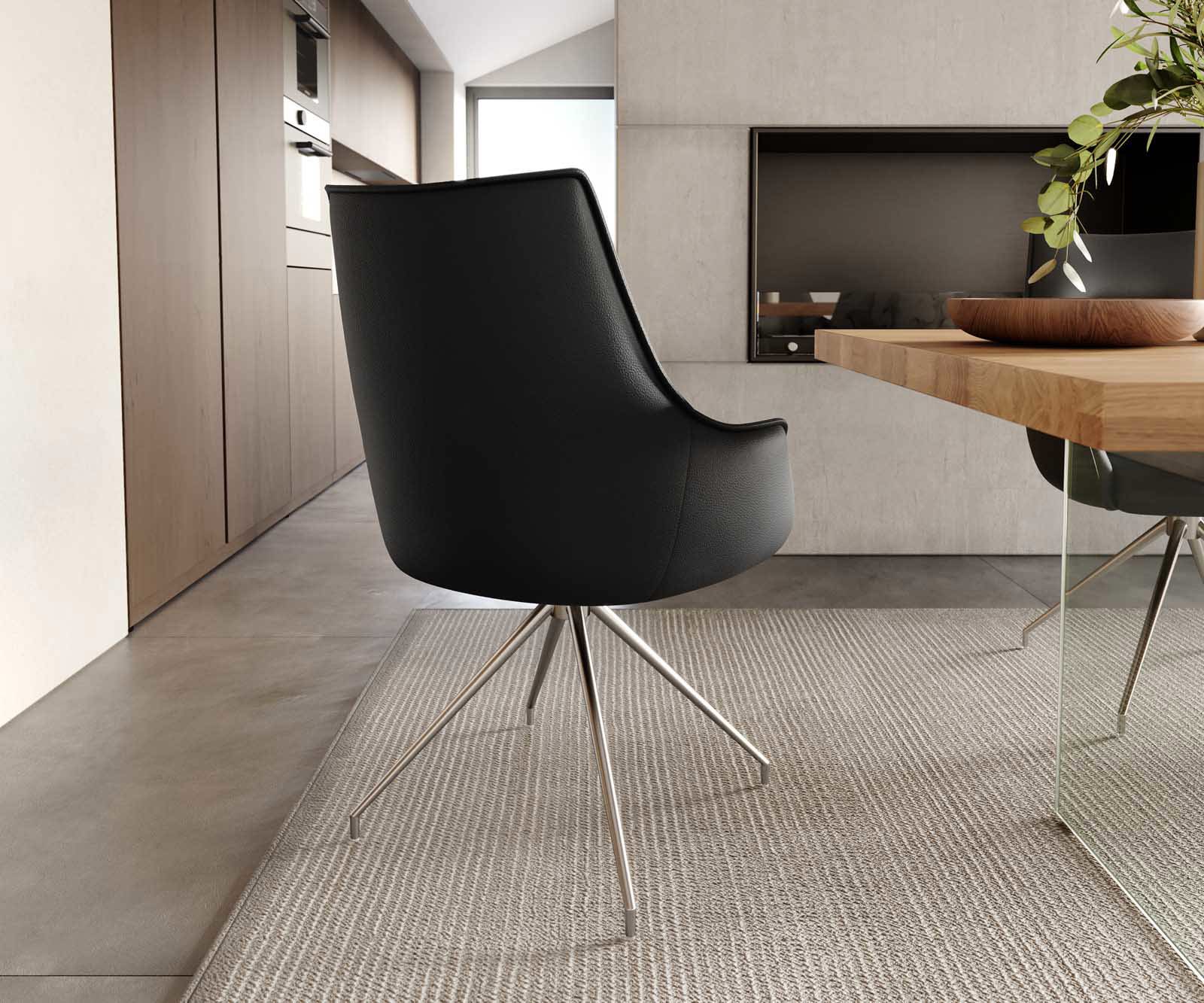 Chaise-pivotante Alja-Flex avec accoudoirs cuir de vache noir pied croisé conique acier inoxydable brossé pivotement sur 180° ressorts ensachés 5