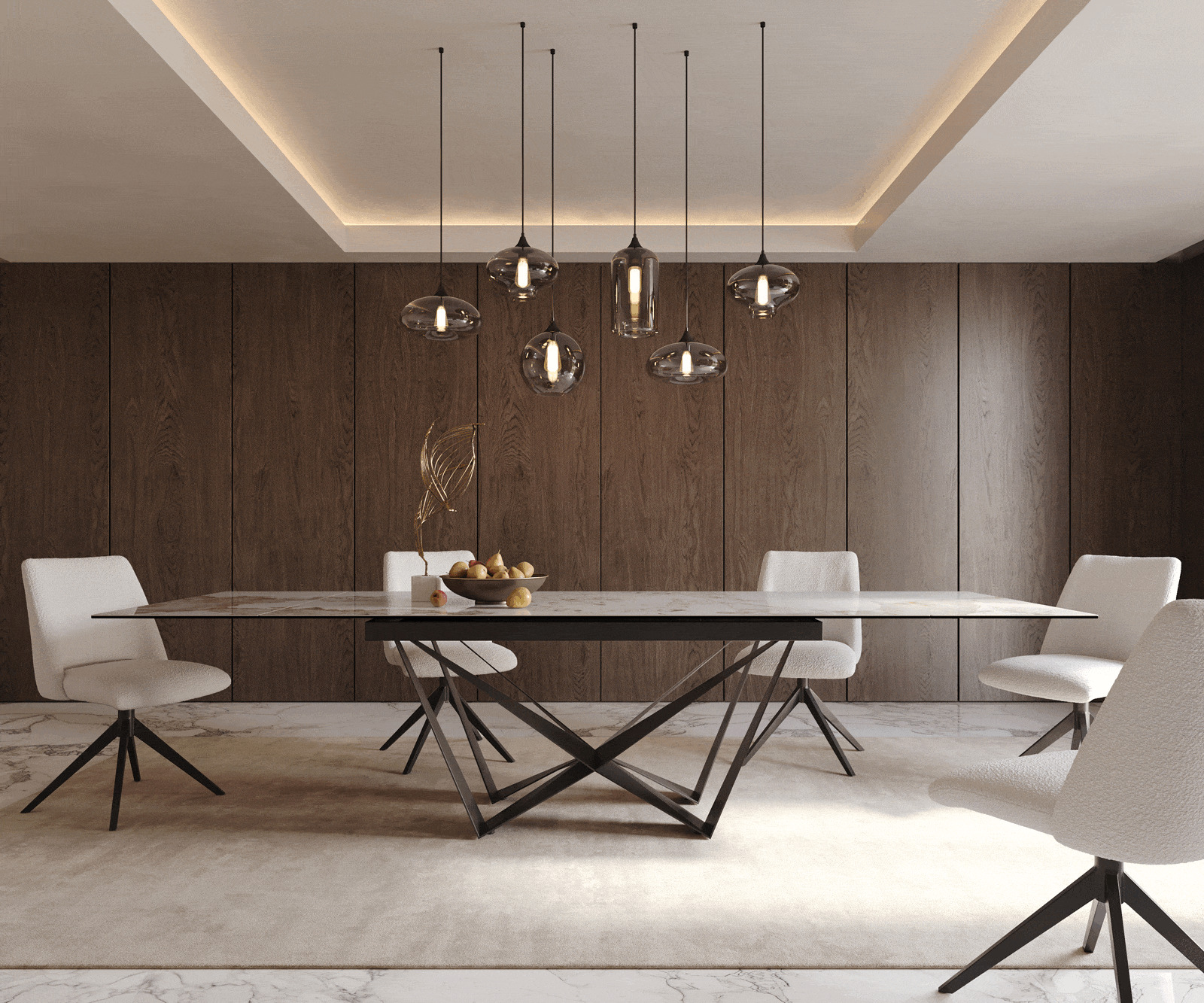 Table à manger Edge 200-300x100 céramique Minas mélange blanc-beige Spider acier plat noir extensible 1