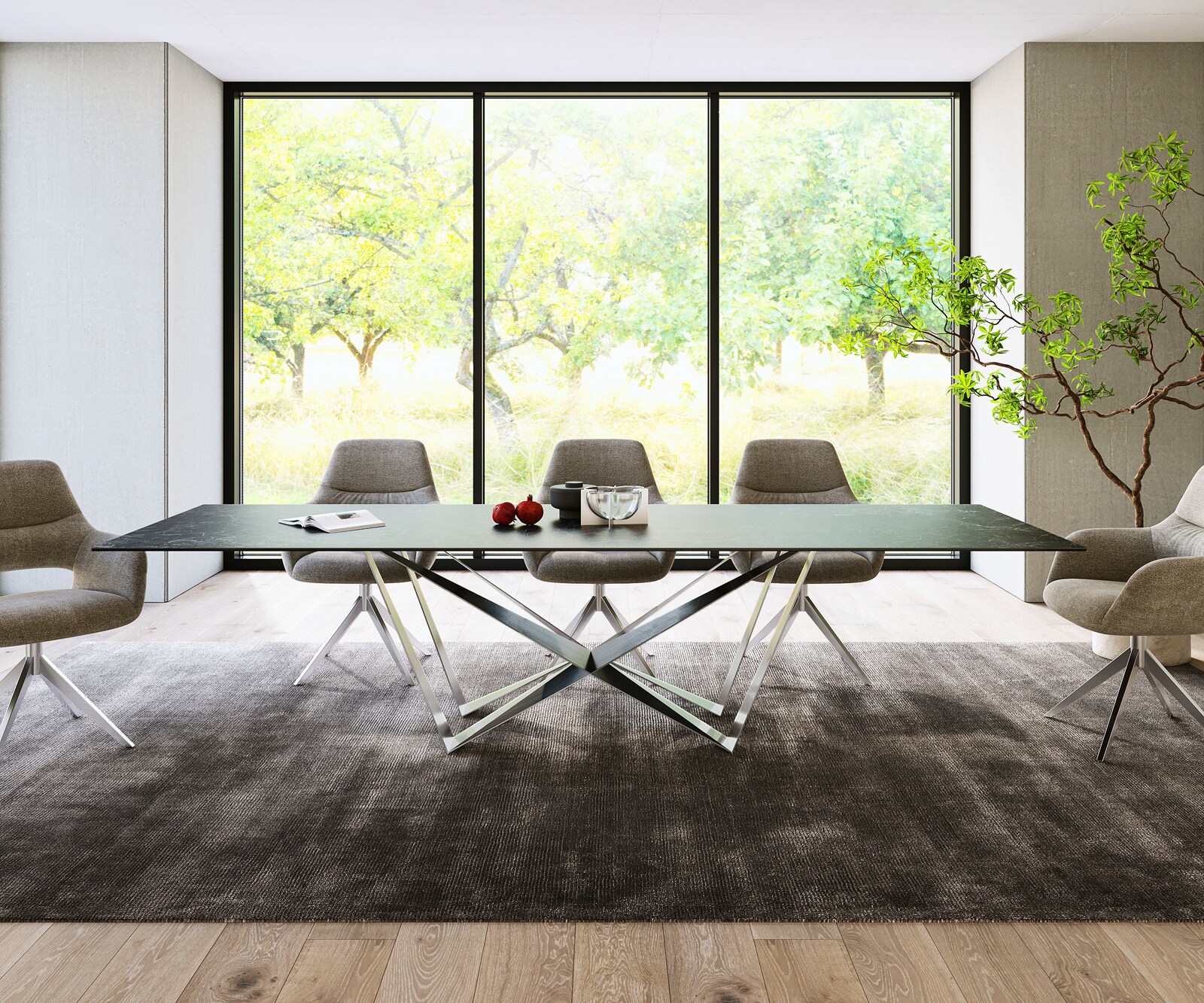 Table-à-manger Edge 300x100cm Laminam® céramique gris pieds milieu acier plat argent 1
