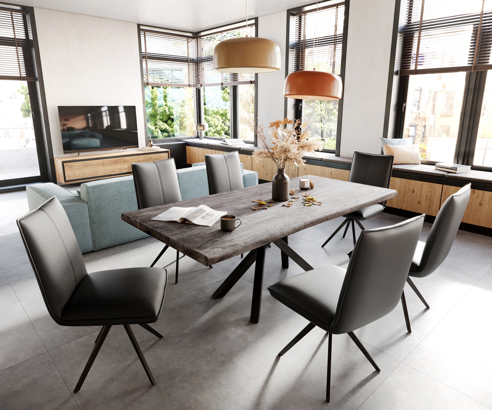 Chaise-de-salle-à-manger Lelio-Flex cuir de vache noir pied croisé large noir ressorts ensachés 4