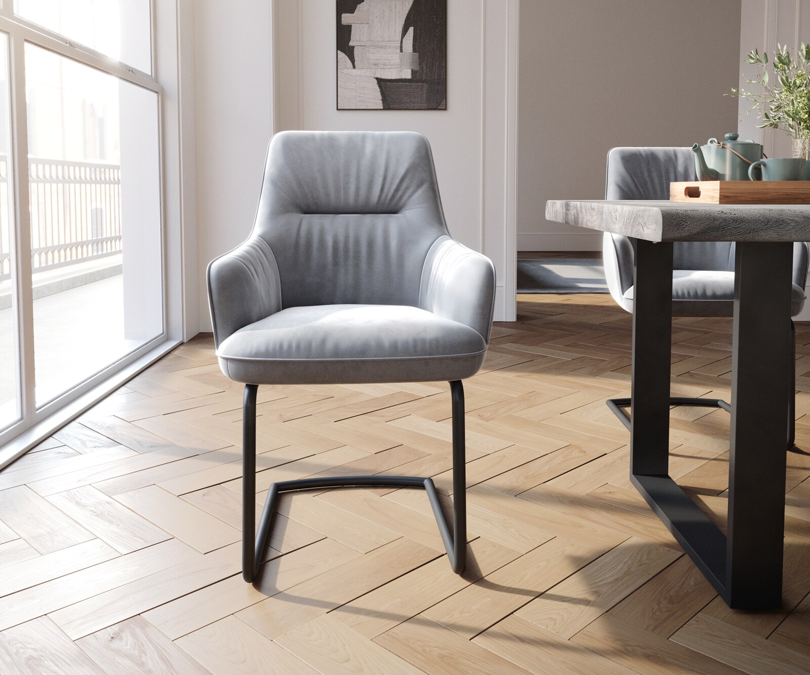 Cantilever Zelia-Flex avec accoudoirs velours gris pied cantilever rond noir ressorts ensachés 1 Cantilever Zelia-Flex avec accoudoirs velours gris pied cantilever rond noir ressorts ensachés 1