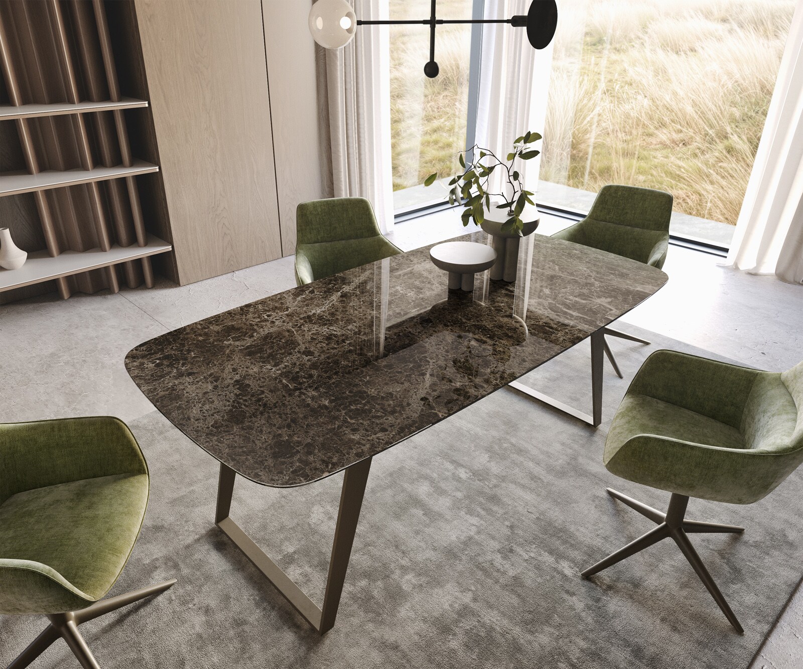 Table de salle à manger Edge Boot Céramique Emperador Extra Lucidato Brun foncé 200x100 Métal finition effet Titane incliné 1