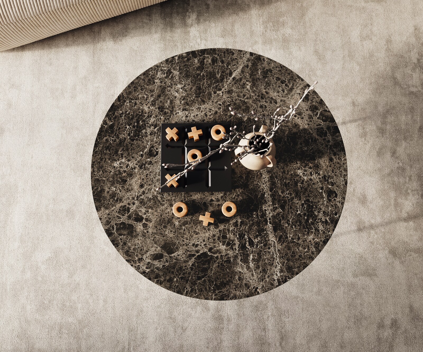 Table basse Edge rond 90x90 cm céramique Laminam® Emperador Extra Lucidato brun foncé Trive métal noir 2