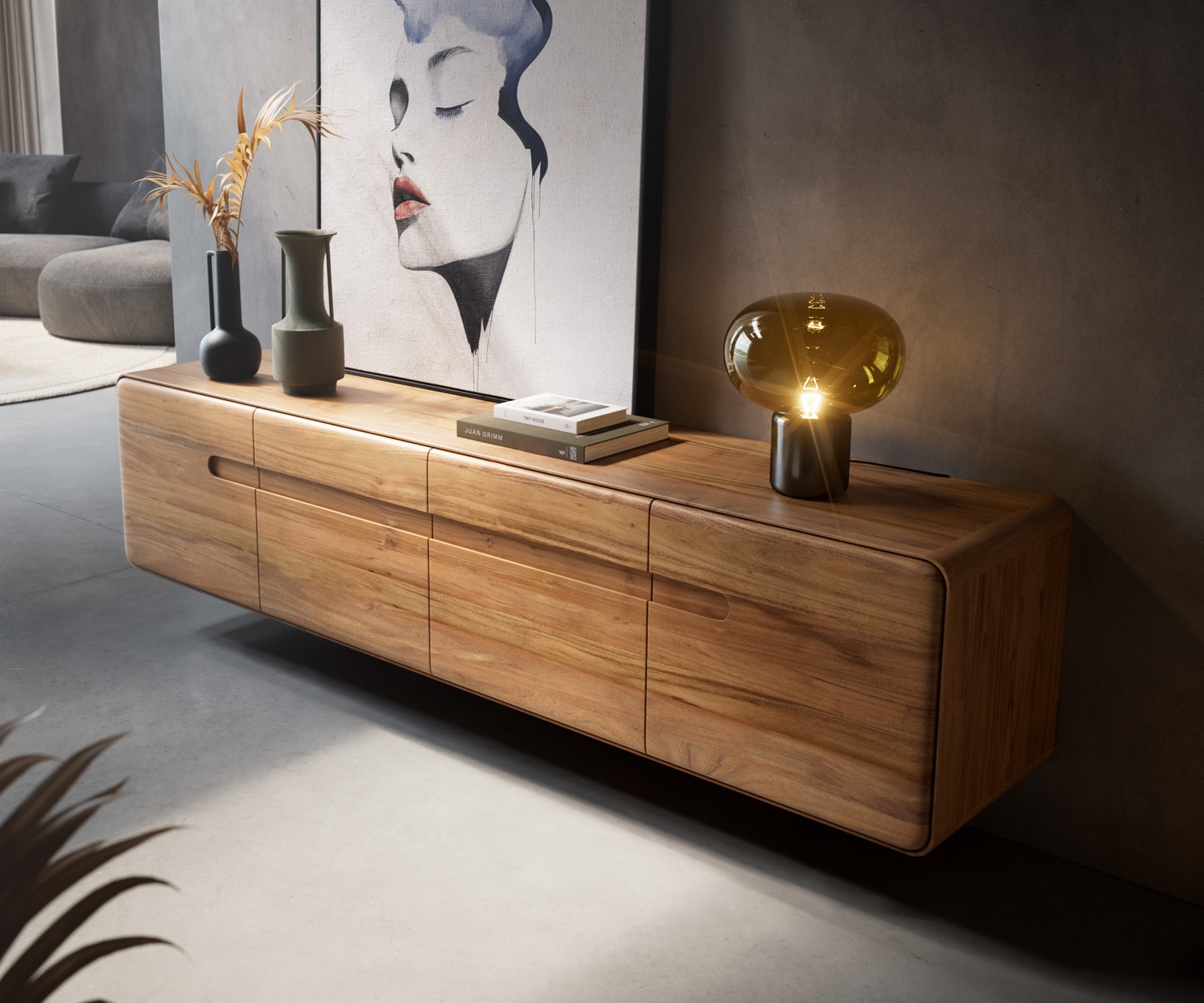 Meuble-TV Anaya 200 cm acacia naturel 4 portes suspendues 2 Meuble-TV Anaya 200 cm acacia naturel 4 portes suspendues 2