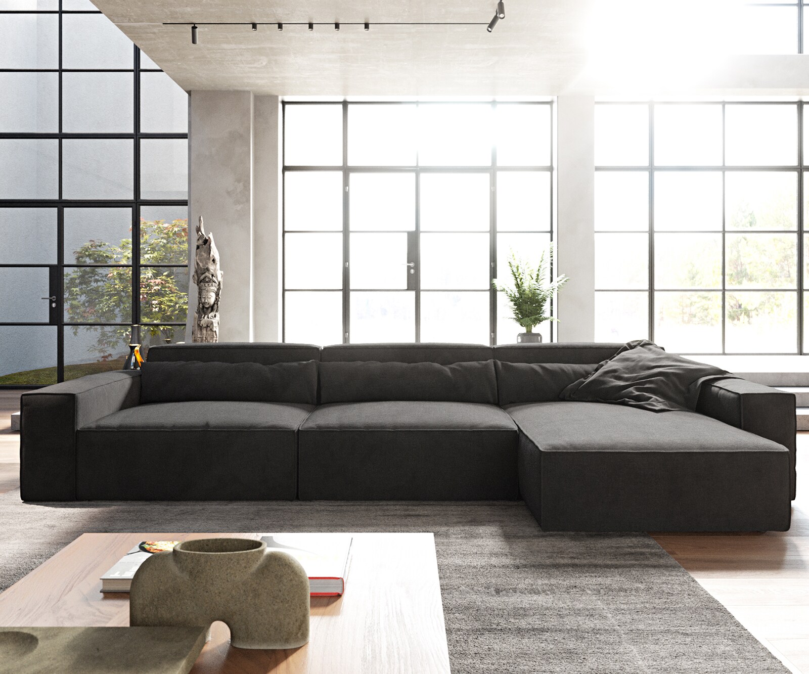 Canapé d'angle Sirpio XL 370x170 cm Microfibre Noir Recamiere variable 1