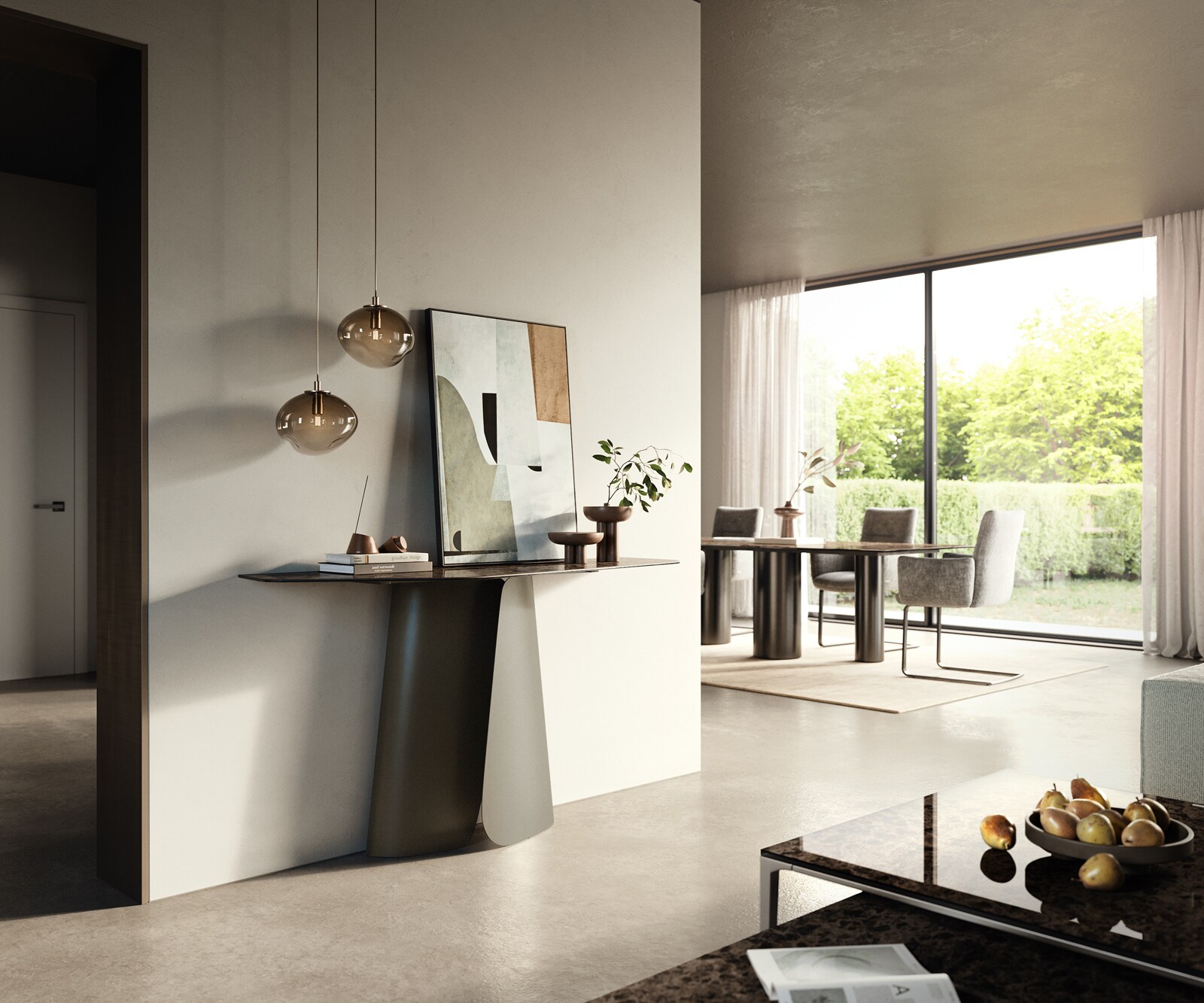 Console Edge Polygonal 140x50 cm Céramique Emperador Extra Lucidato Dunkelbraun Livos Métal Effektfinish Titan 6