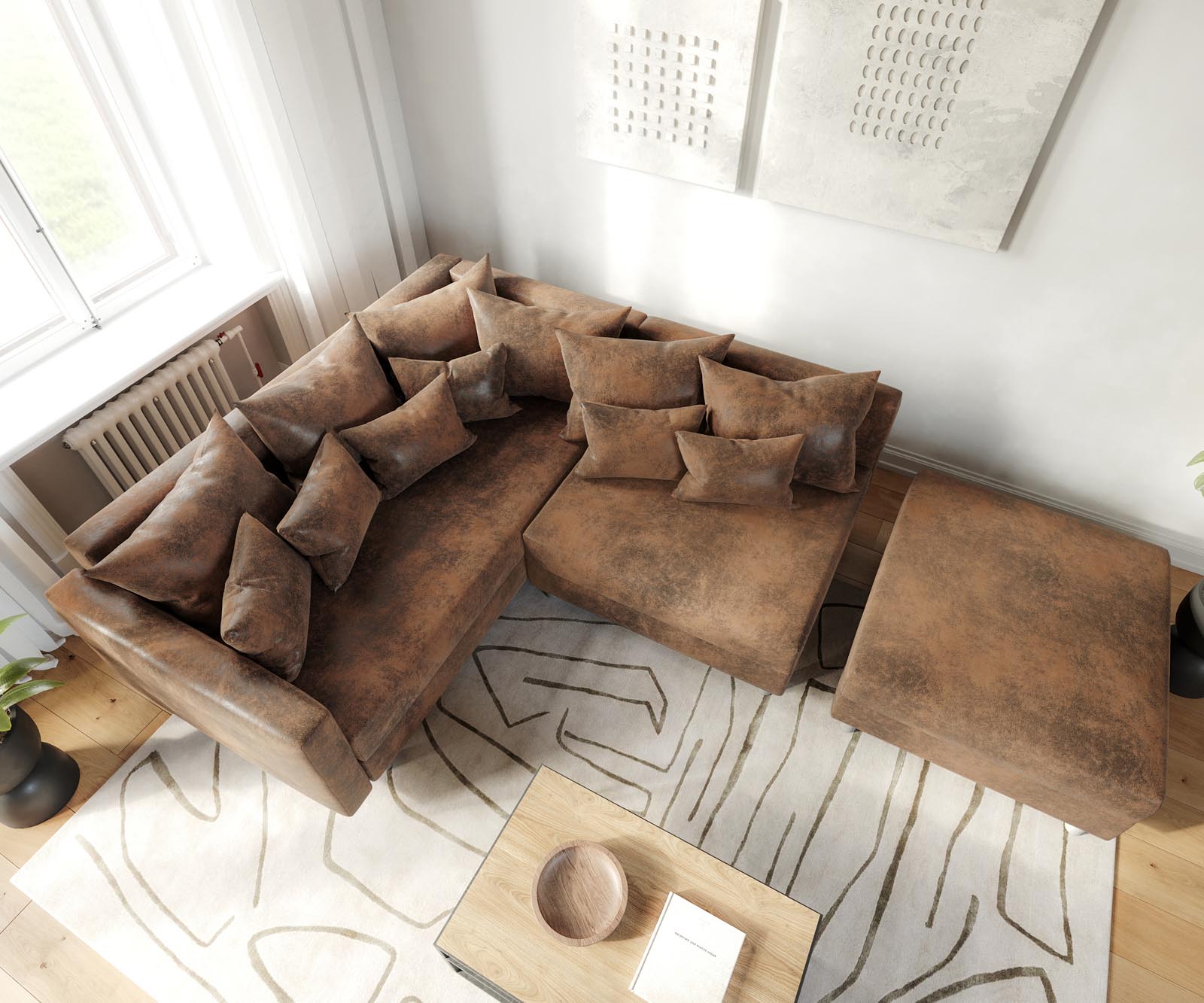 Canapé-d'angle Clovis marron modulable look antique avec tabouret et accoudoirs poufs gauche 3 Canapé-d'angle Clovis marron modulable look antique avec tabouret et accoudoirs poufs gauche 3