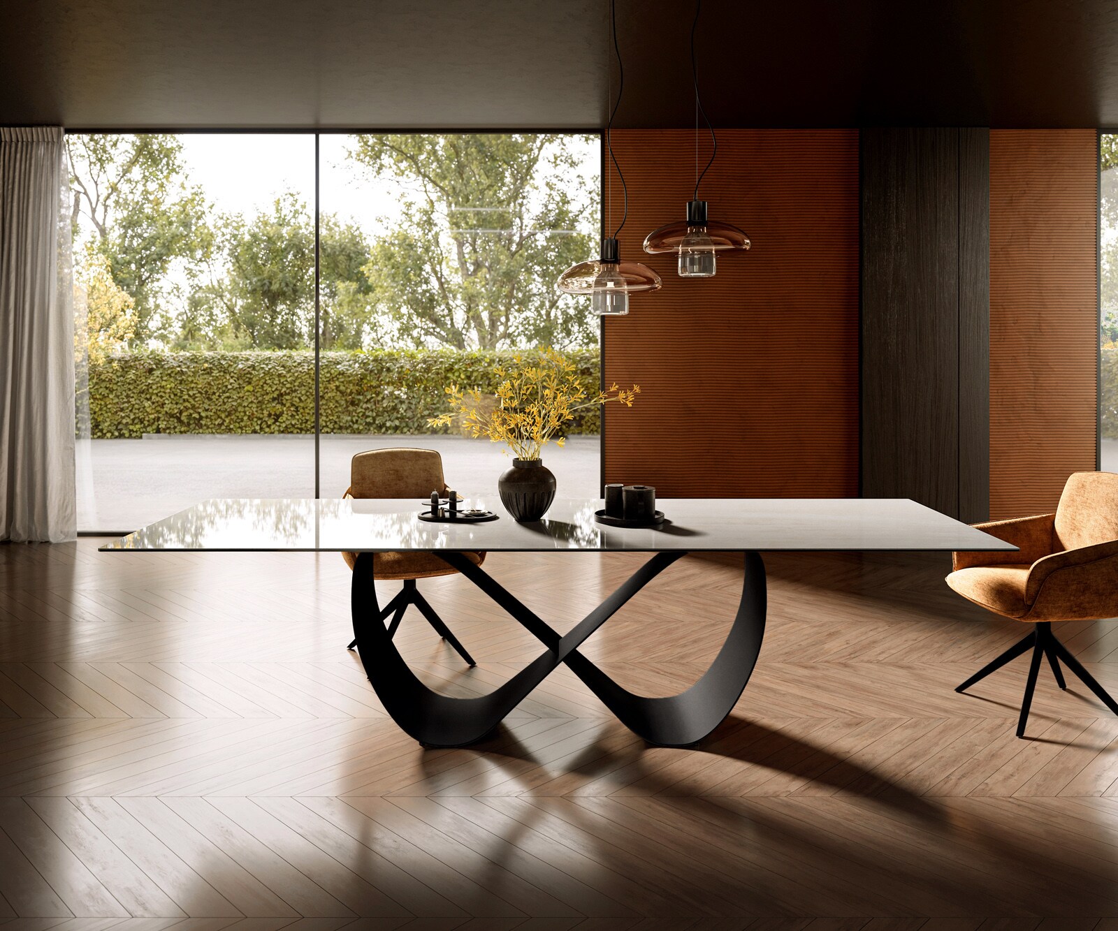 Table à manger Edge 300x100 cm céramique Onyx Champagne Infinity métal noir 1