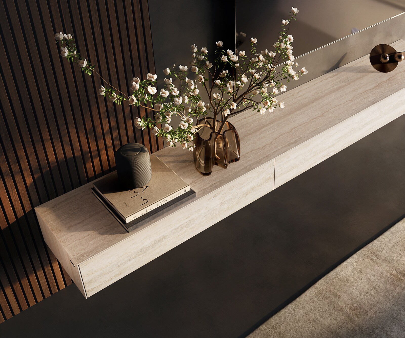 Meuble-TV Cuor 250 cm Céramique Laminam® Travertino Bianco Crème-blanc 1 Clapet 1 Tiroir Flottant 5