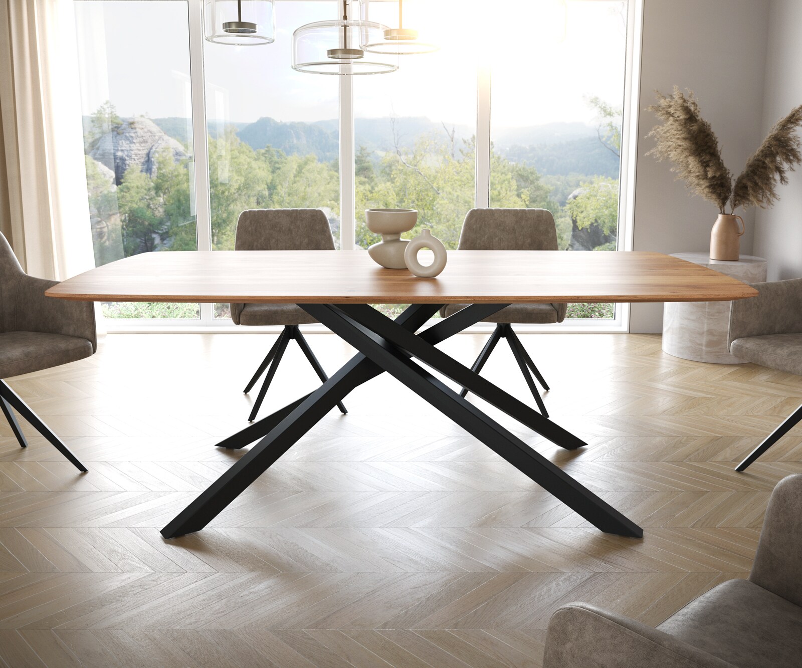 Table à manger Edge Boot 200x100 acacia nature cadre croisé rectangle noir bord suisse 1