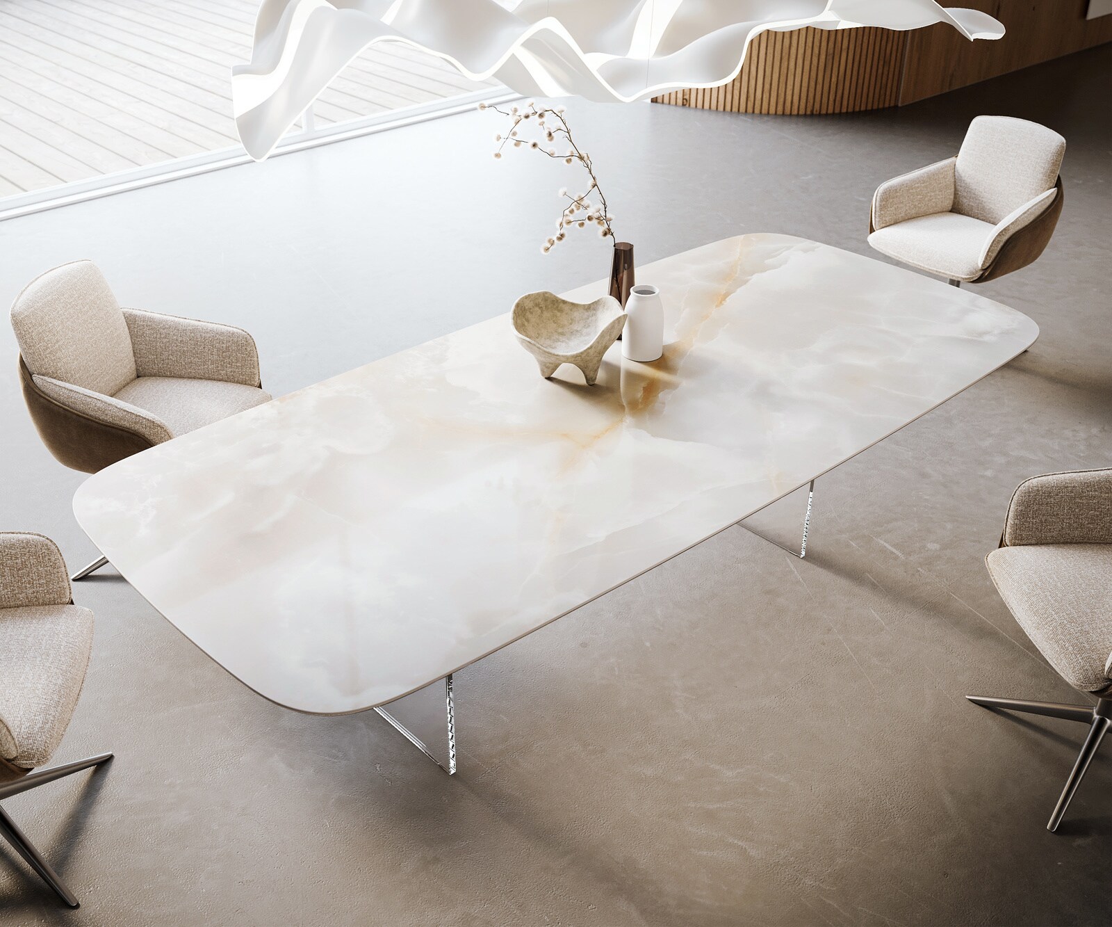 Table à manger Edge Boot 270x120 cm Céramique Iris FMG Onice Grigio piètement en verre 3