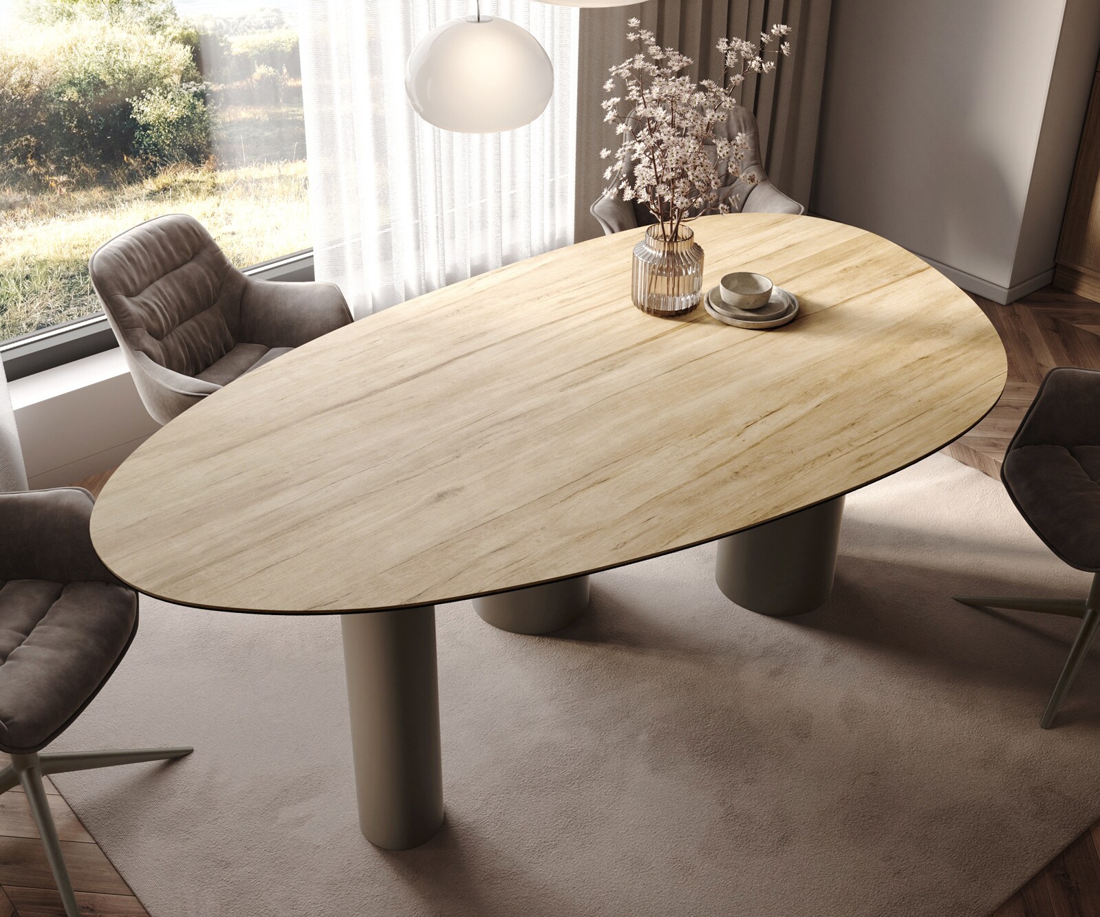 Table à manger Edge Ovale 220x120 Céramique Laminam® Sabbia Couleur chêne Pilier Métal finition à effet Titane 4