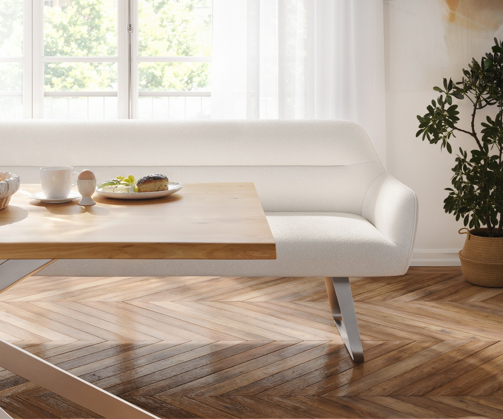 Banc-de-salle-à-manger Taya-Flex 200 cm bouclé crème-blanc châssis à patins plat acier inoxydable ressort ensaché 4