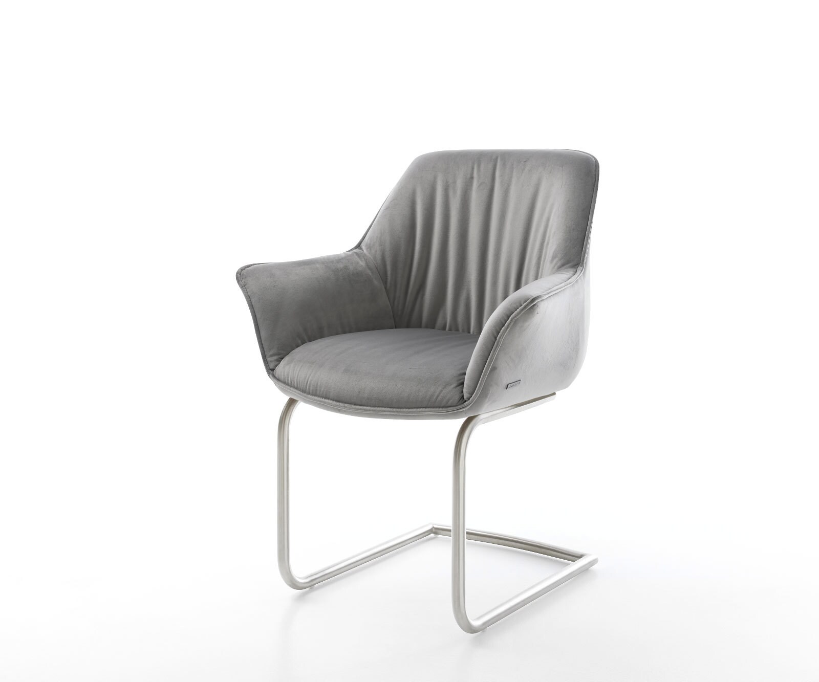 Cantilever Keila-Flex avec accoudoirs velours gris pied cantilever rond acier inoxydable brossé