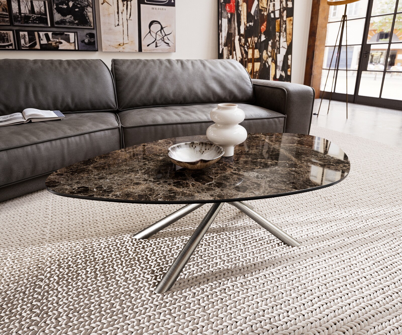 Table basse Edge Organique 140x76 cm céramique Laminam® Emperador Extra Lucidato brun foncé Sarity acier inoxydable brossé