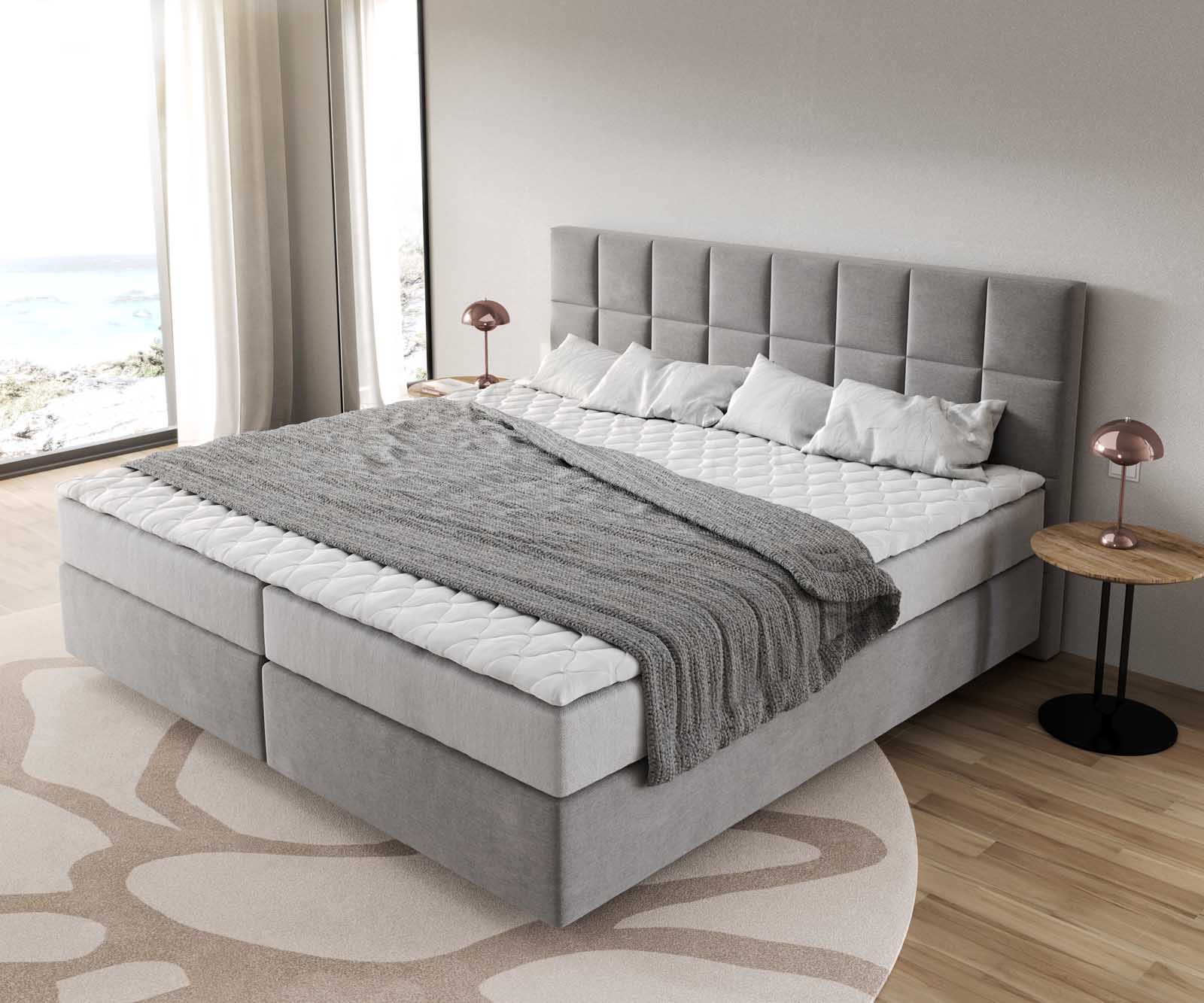 Lit à sommier tapissier Dream-Well microfibre grijs 200x200 cm avec matelas à ressorts ensachés et surmatelas Visco 3