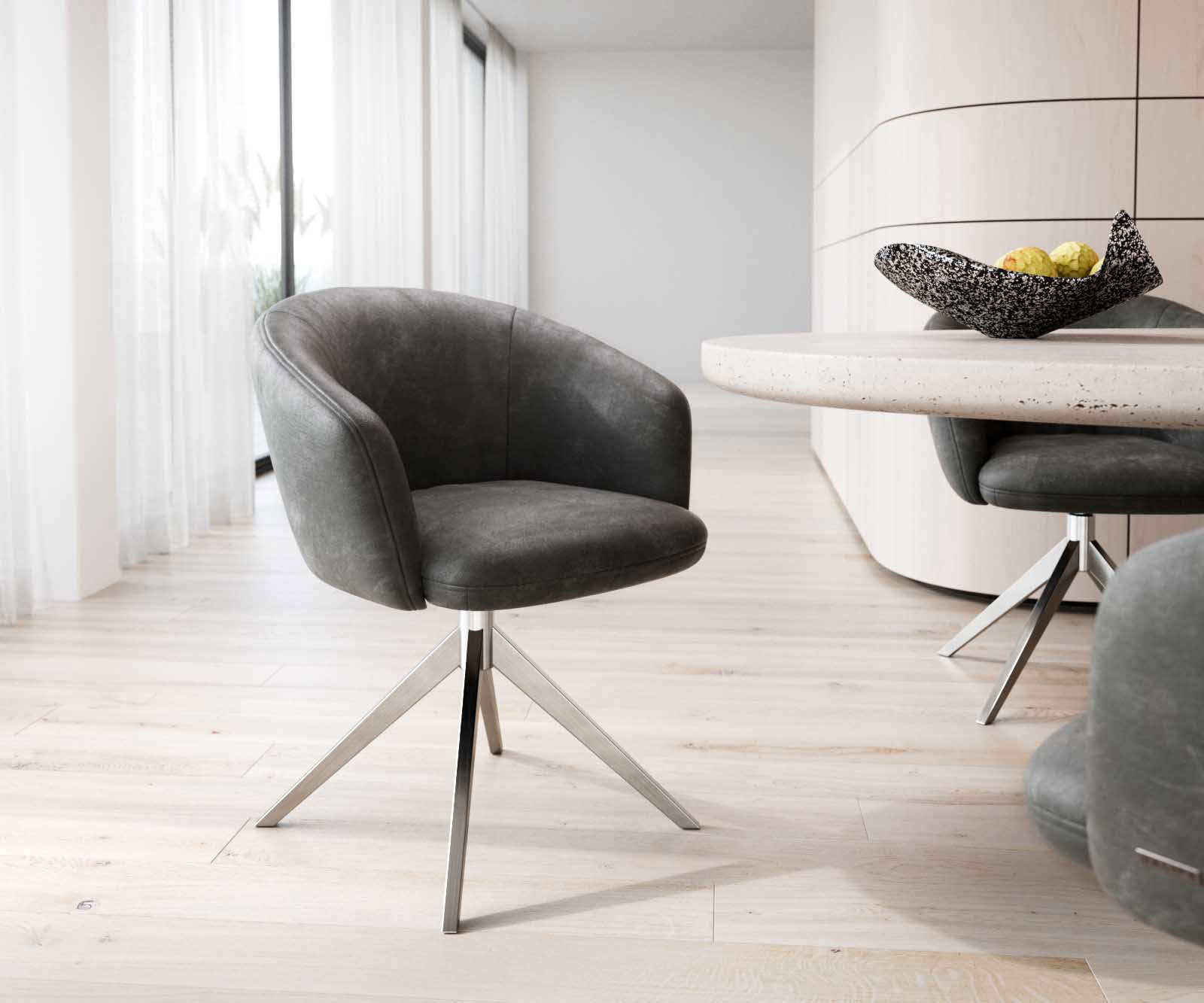Chaise-pivotante Caja-Flex avec accoudoirs microvelours anthracite vintage pied croisé large acier inoxydable brossé pivotement sur 360° ressorts ensachés