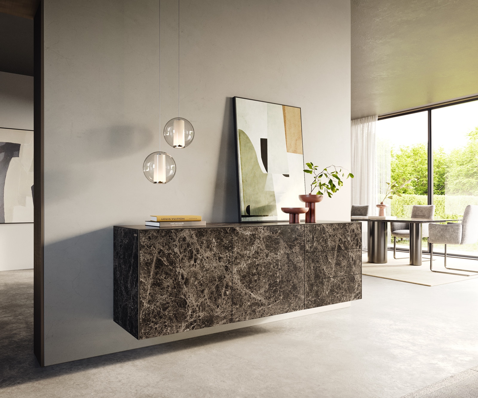 Buffet Cuor 180 cm Céramique Emperador Extra Lucidato brun foncé 2 Portes 3 Tiroirs Flottant