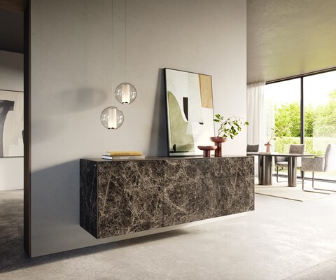 Buffet Cuor 180 cm Céramique Emperador Extra Lucidato brun foncé 2 Portes 3 Tiroirs Flottant