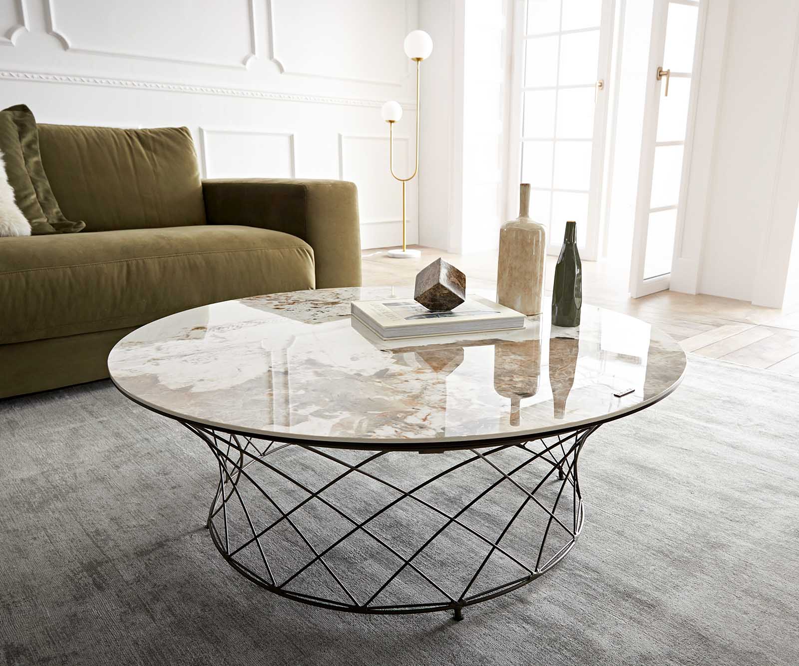 Table-basse Lassina 100x100 cm Céramique Minas Melange Blanc-Beige Piétement métal effet titane 1