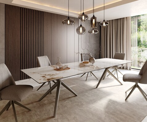 Table à manger Edge 300x100 Céramique Minas Melange Blanc-Beige Estelar rond Métal finition à effet Titane