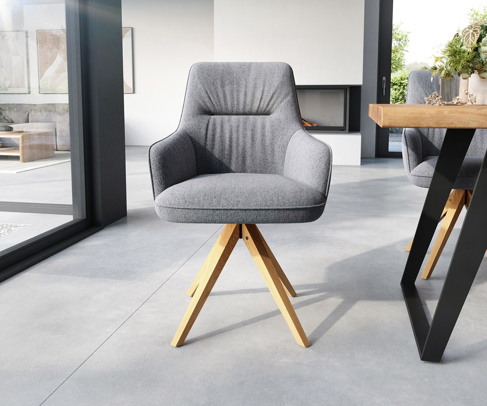 Chaise-de-salle-à-manger Zelia-Flex avec accoudoirs tissu texturé gris clair pied en bois angulaire naturel ressorts ensachés 1 Chaise-de-salle-à-manger Zelia-Flex avec accoudoirs tissu texturé gris clair pied en bois angulaire naturel ressorts ensachés 1