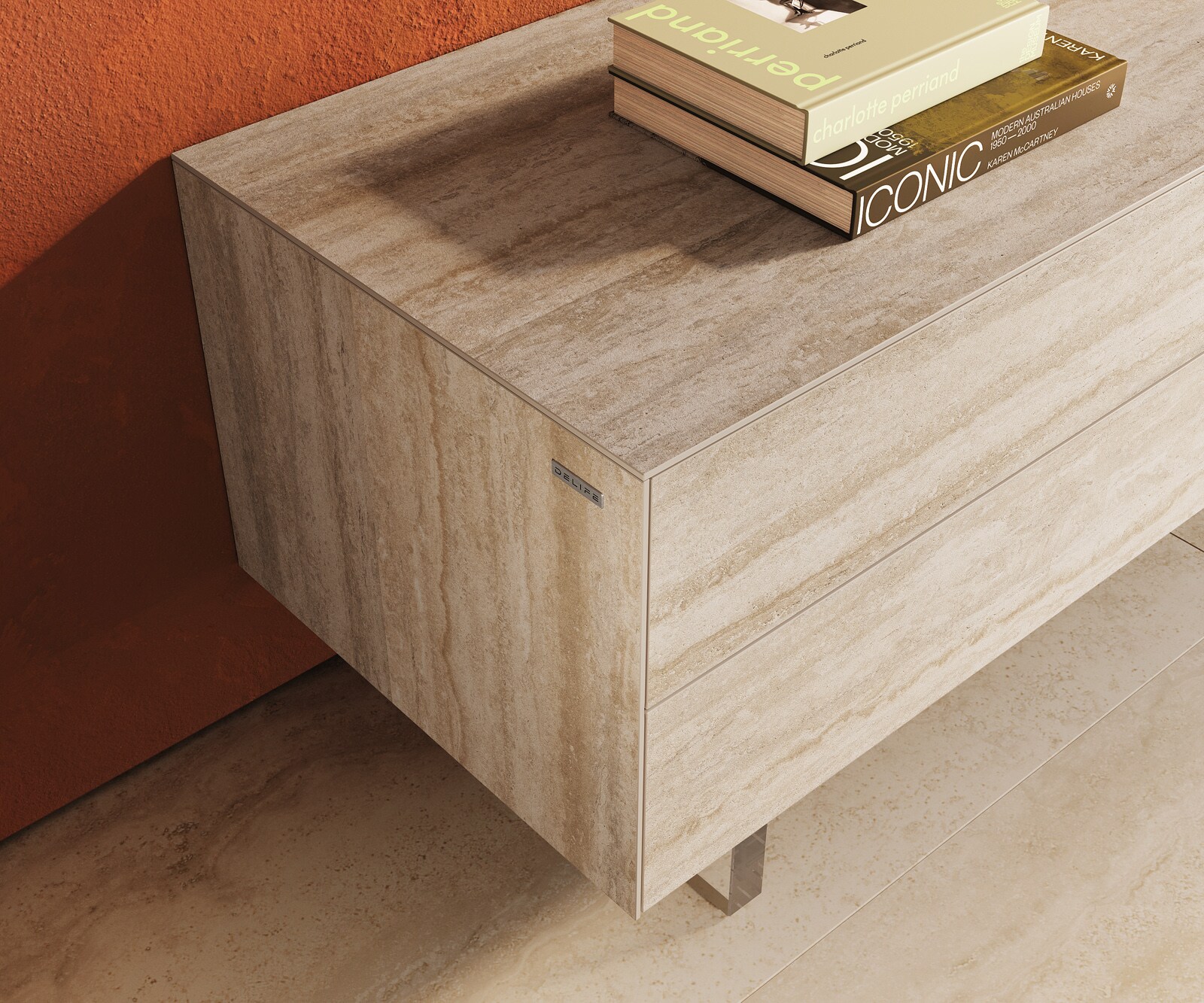 Meuble-TV Cuor 180 cm Céramique Laminam® Travertino Bianco Crème-blanc 1 Clapet 2 Tiroirs Pied optique flottant Verre acrylique 6