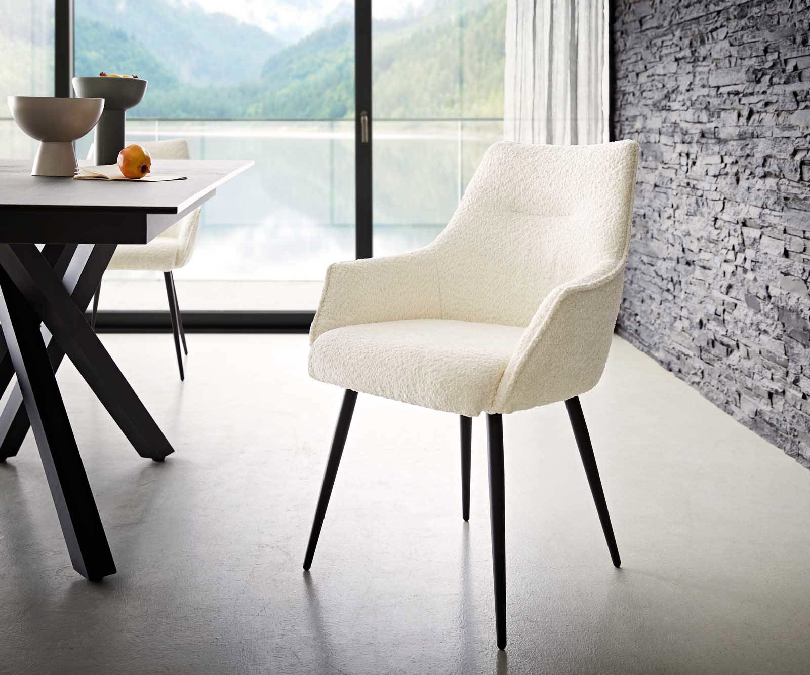Chaise-de-salle-à-manger Alja-Flex avec accoudoirs bouclé blanc 4 pieds coniques noir ressorts ensachés