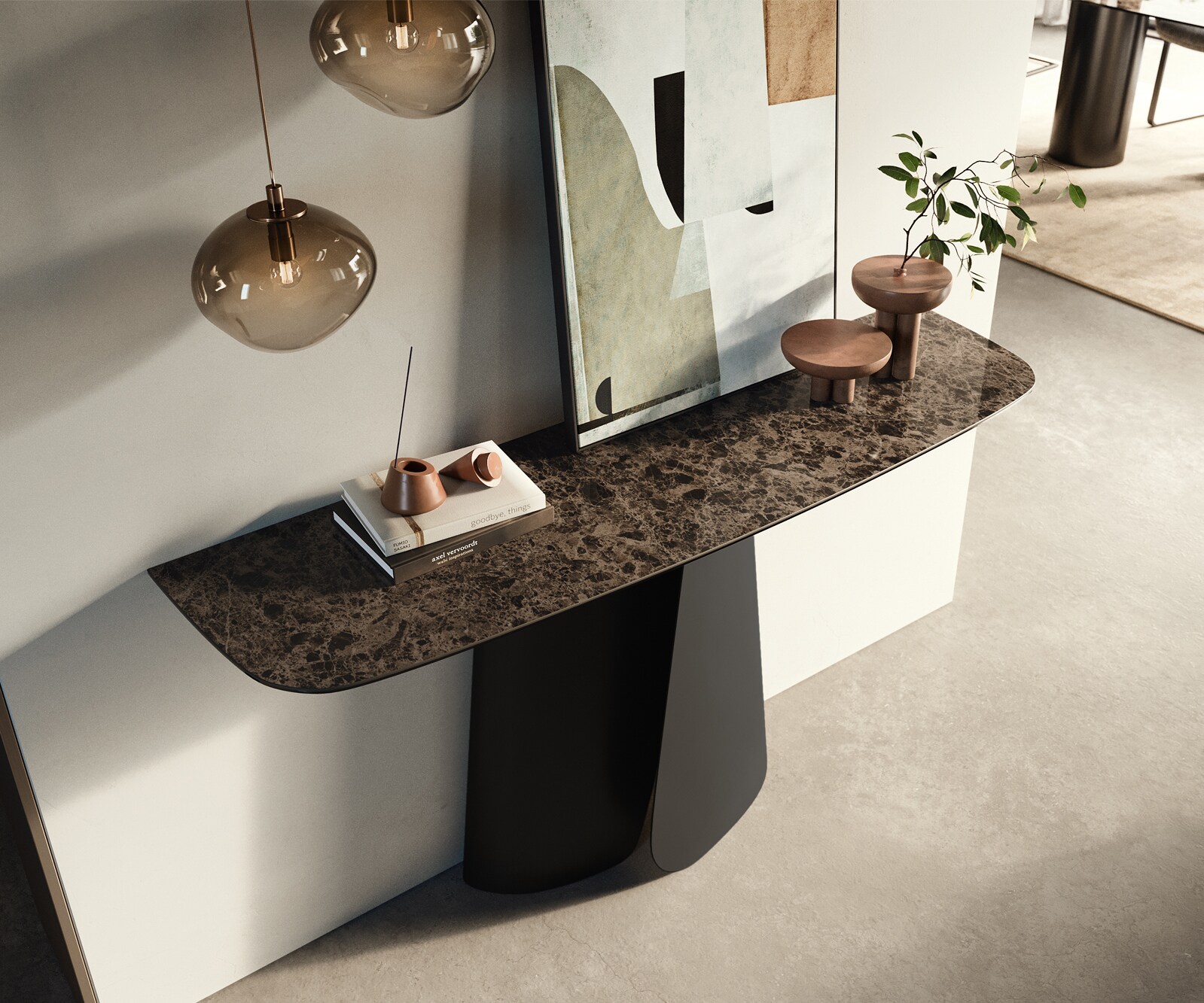 Console Edge forme bateau 140x40 cm Céramique Emperador Extra Lucidato Dunkelbraun Livos Métal Noir 1