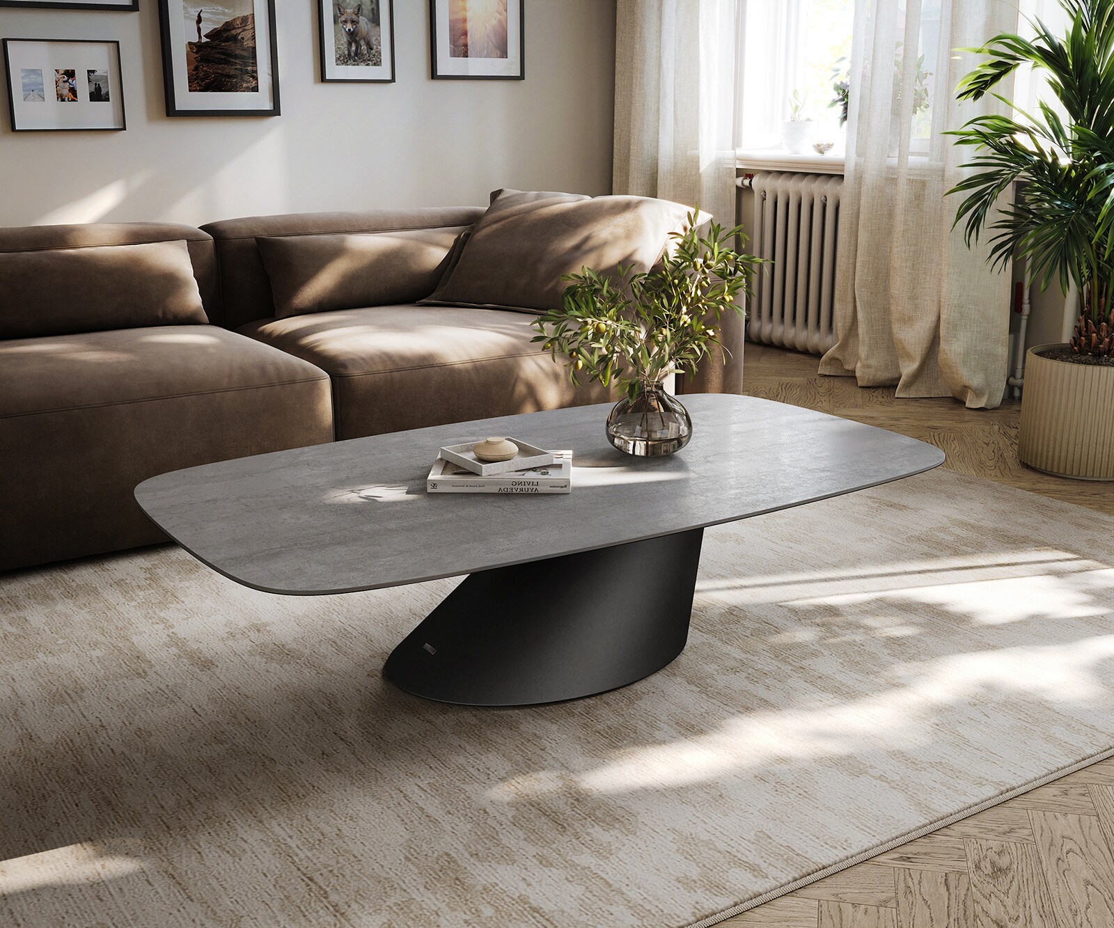 Table basse Edge forme bateau 140x80 cm céramique béton gris Conis métal noir 1